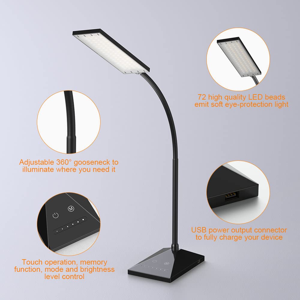 Vansuny Led Desk Lamp With Usb Charging Port, Eye-Caring, 5 Color Modes,6 Brightness Levels, Touch Control, Flexible Gooseneck,