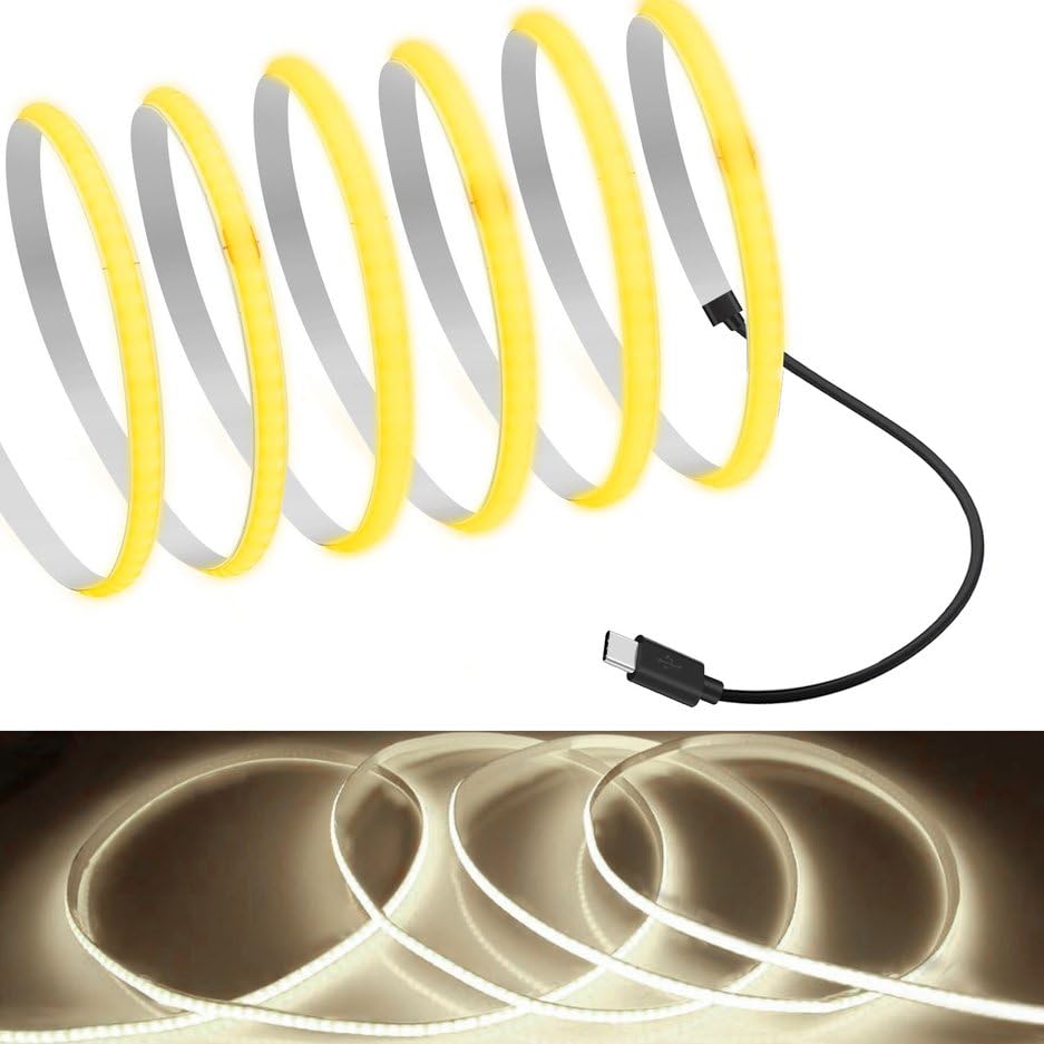Mdee?Type C Cob Tape Light Led Strip 1.64Ft/0.5M- Flexible 5Mm Hidden Dc 5V Led Tape With 320 Leds/M For Warm White (4000K) Lighting. Cuttable  Shapeable  Type C Powered. Ideal For Kitchen