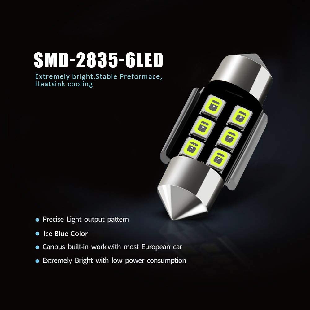 Auxlight De3175 De3021 De3022 3175 31Mm 1.22Afestoon Canbus Error Free Led Interior Light Bulbs Ice Blue, Super Bright 6Smd Chip