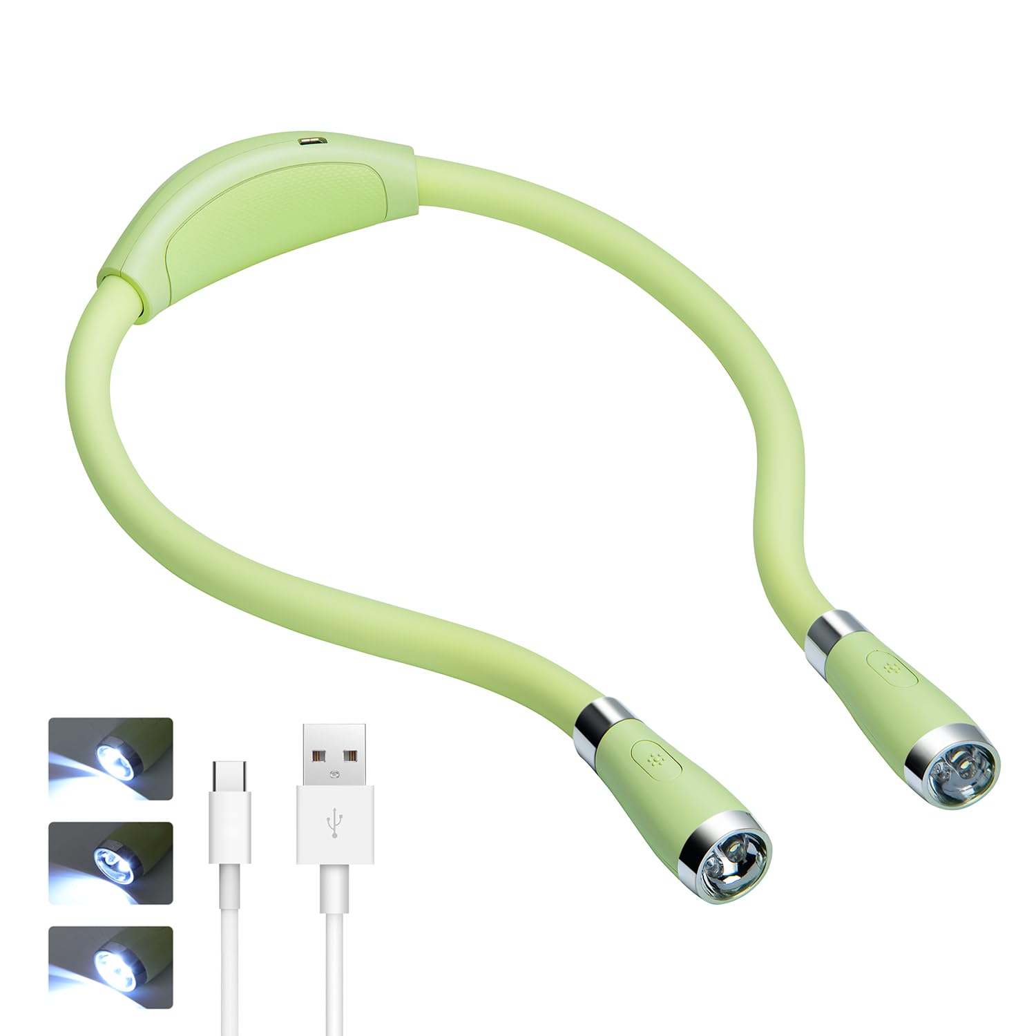 TSINGREE LED Neck Book Light, USB Rechargeable, 4 Super Bright LEDs, 3 Brightness Levels, Green, Model QRNBL