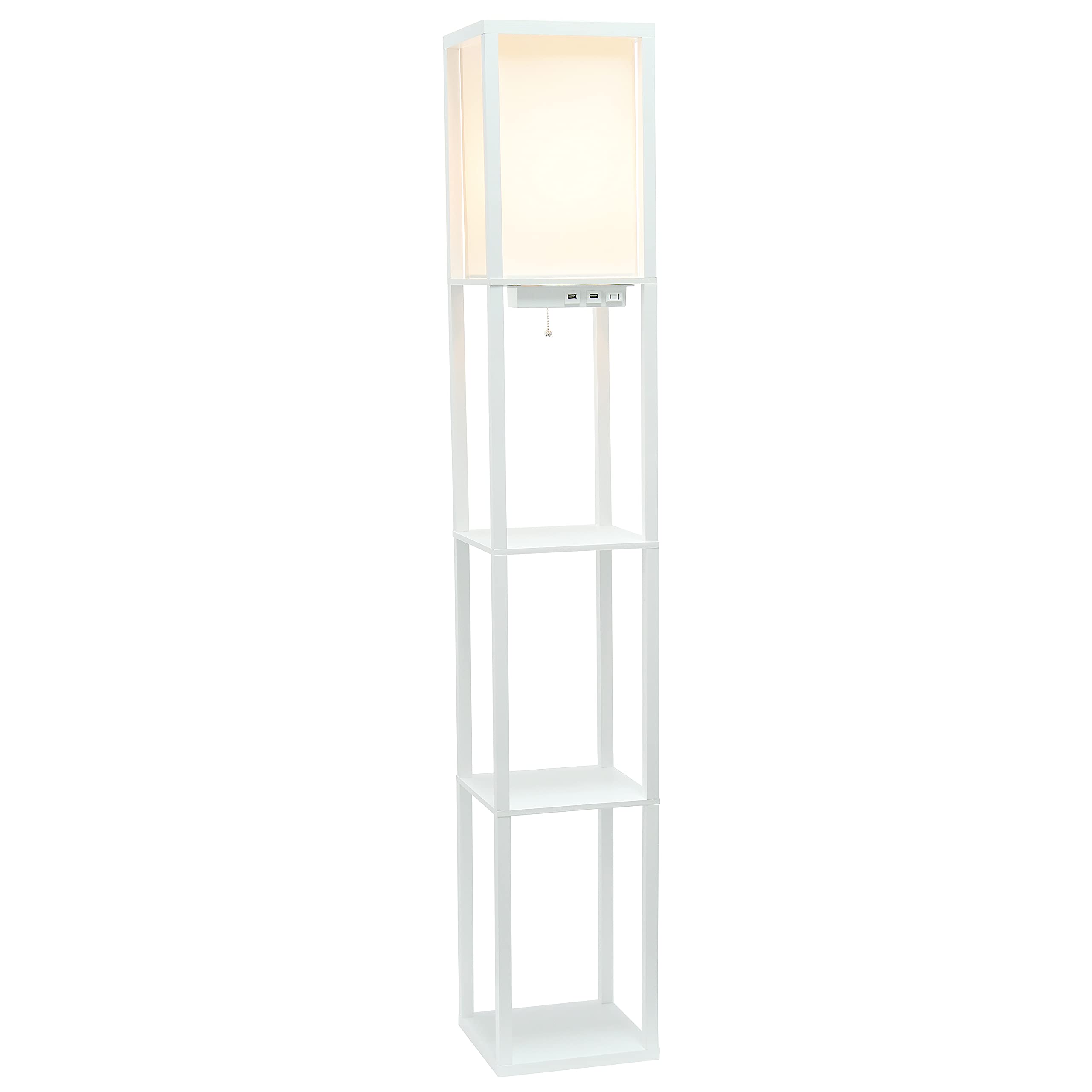 Simple Designs Lf1037-Wht Floor Lamp Etagere Organizer Storage Shelf With 2 Usb Charging Ports, 1 Charging Outlet And Linen Shade, White