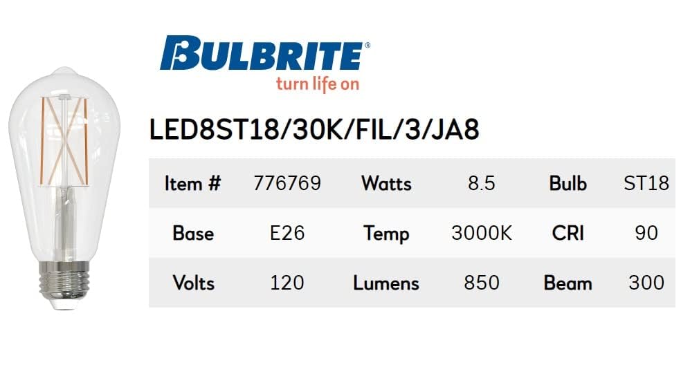 Bulbrite LED Filament Light Bulb, 8.5W, ST18, E26 Base, 3000K Soft White, 850 Lumens, 10-Pack, Model 776