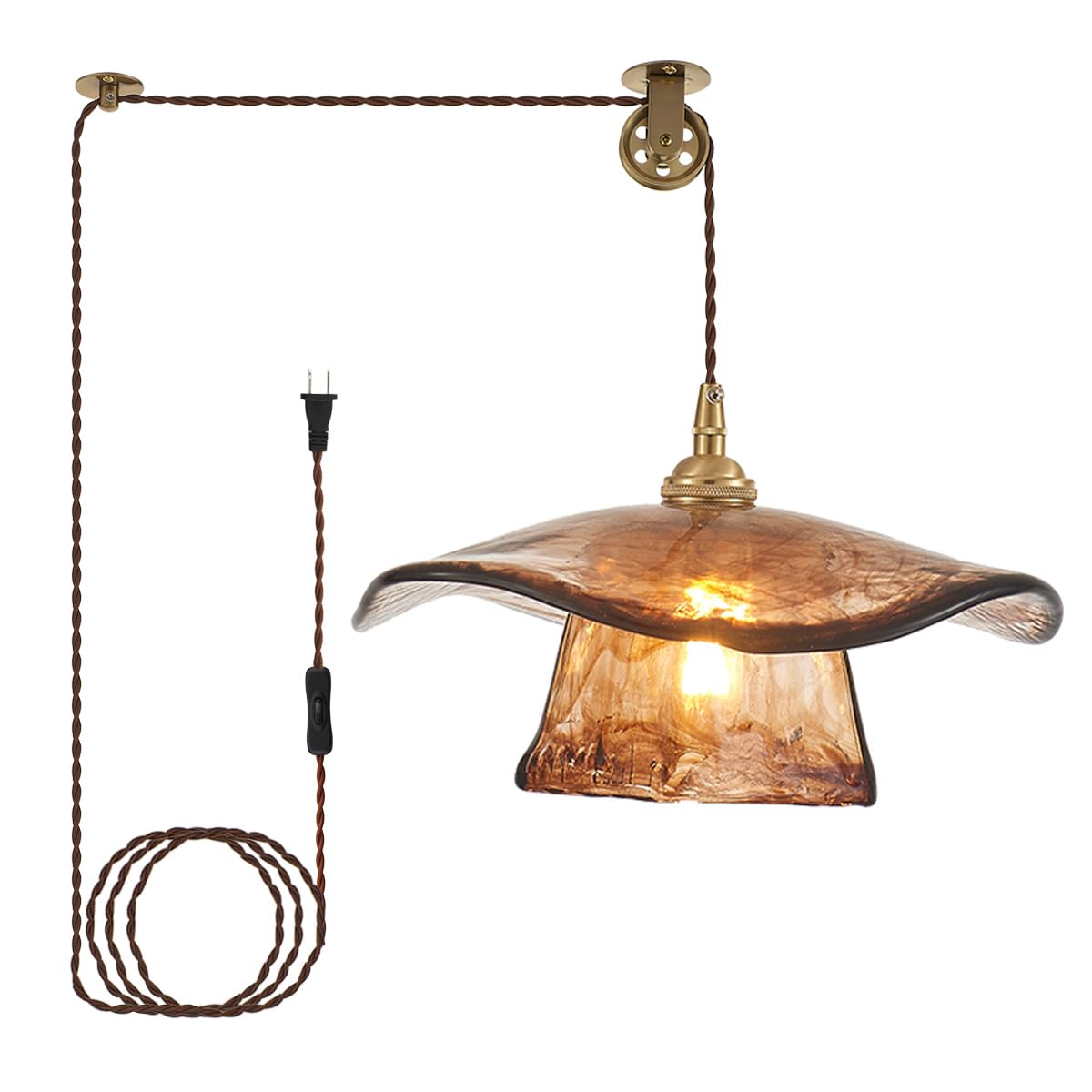 YLONG-ZS Hanging Lights with Plug in Cord Hanging Lamp Plug in Gold Vintage Glass Pulley Brass Modern Pendant Lights for Kitchen Island Dining Room  Living Room Bedroom