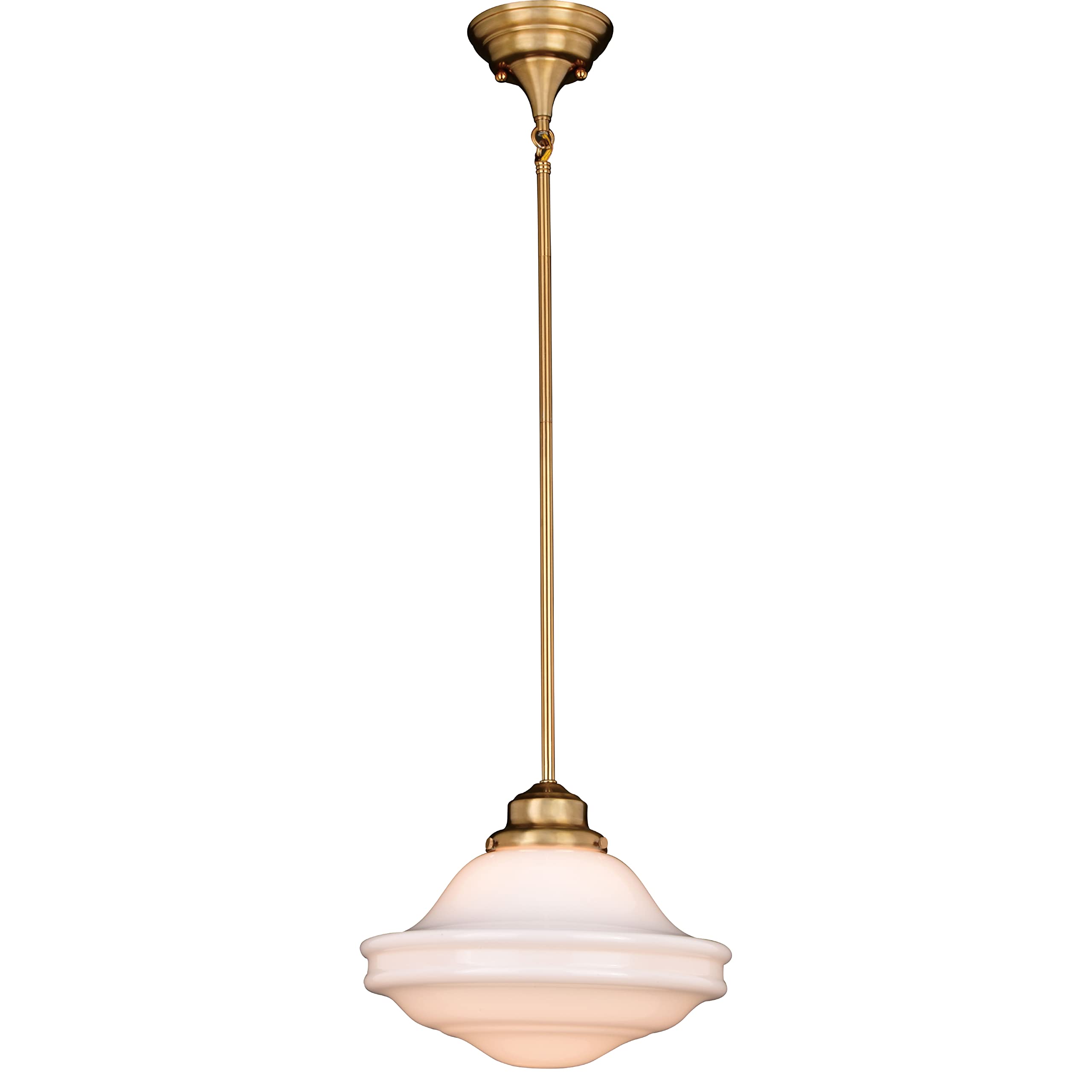 VAXCEL Huntley 12 inch Adjustable Semi-Flush Ceiling Pendant Light, Farmhouse Schoolhouse Style, Natural Brass Finish, White Mil
