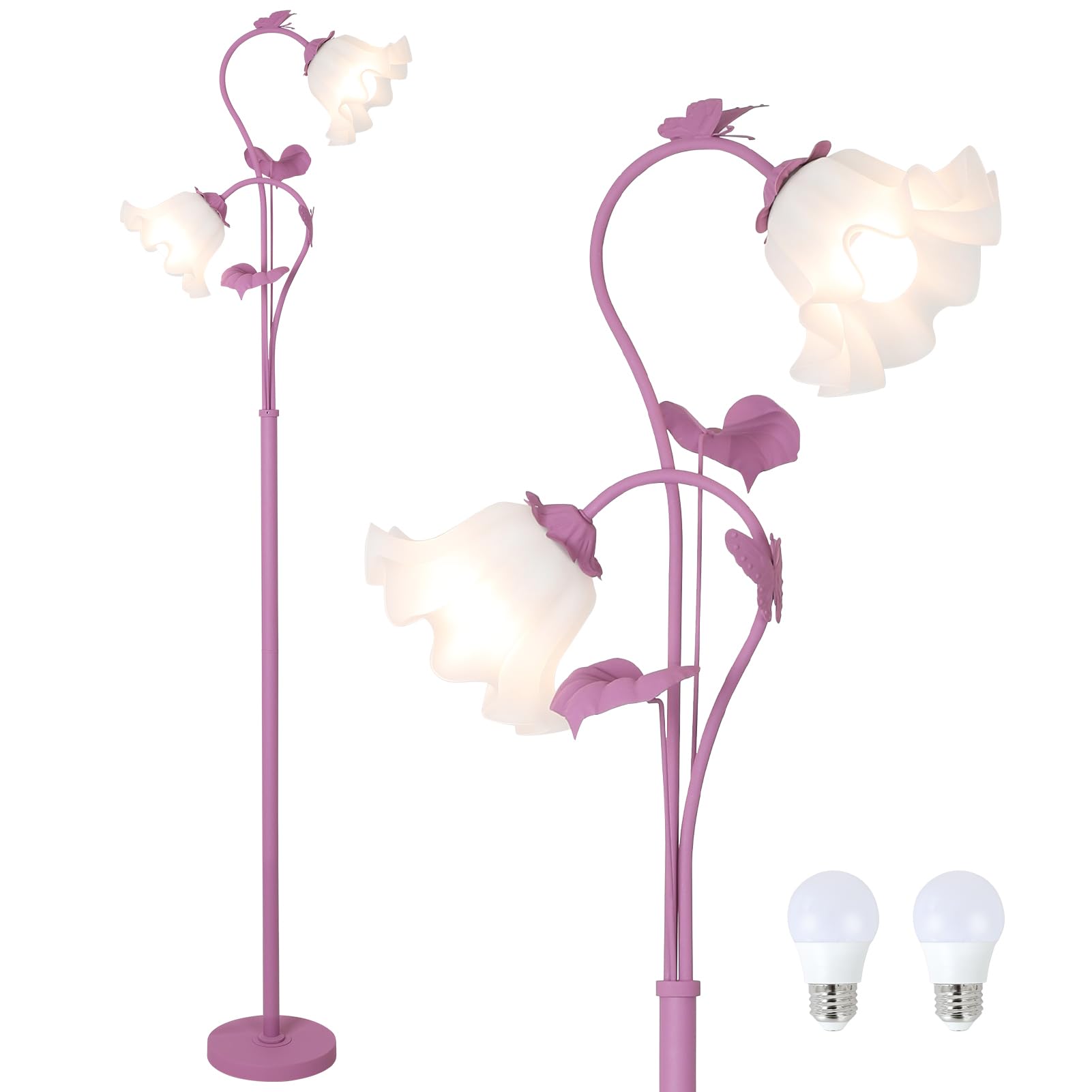 Hmvpl Purple Floral Floor Lamp, Girls Flower Floor Lamp For Bedroom, Cute Lotus Standing Lamp With 2 Led 5W Blubs, Foot Switch, 