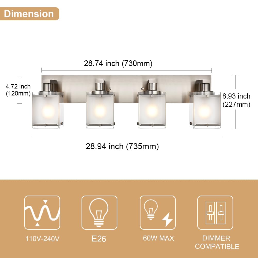 WINSHEN 4-Lights Bathroom Light Fixture, Brushed Nickel Vanity Lighting with Frosted Glass, Model 4WSN-XOTFZO