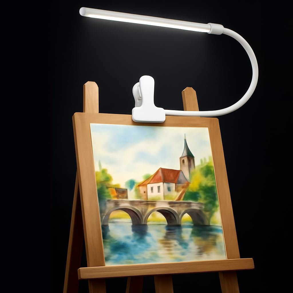 White LED Easel Lamp Clip-On Art Light for Artists - 3 Colour Modes, 10-Level Dimmable Eye-Care Desk Lamp, Flexible 360 Goosenec