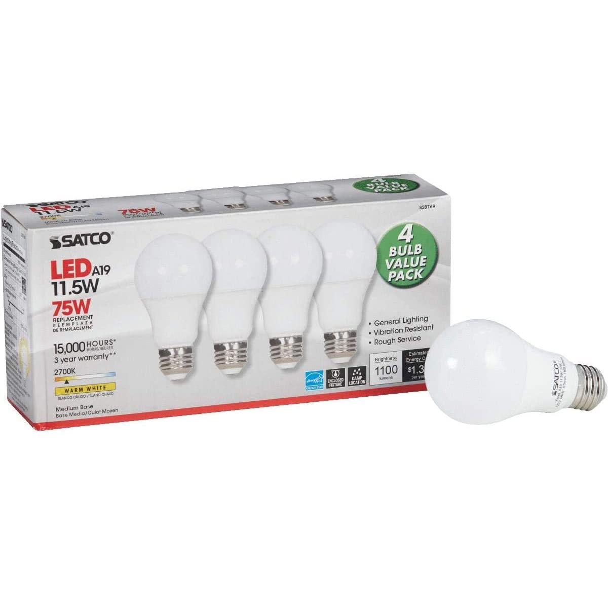 Satco S28769 Frosted Medium Light Bulb, 4.38&quot; White Glass Finish, Energy Efficient