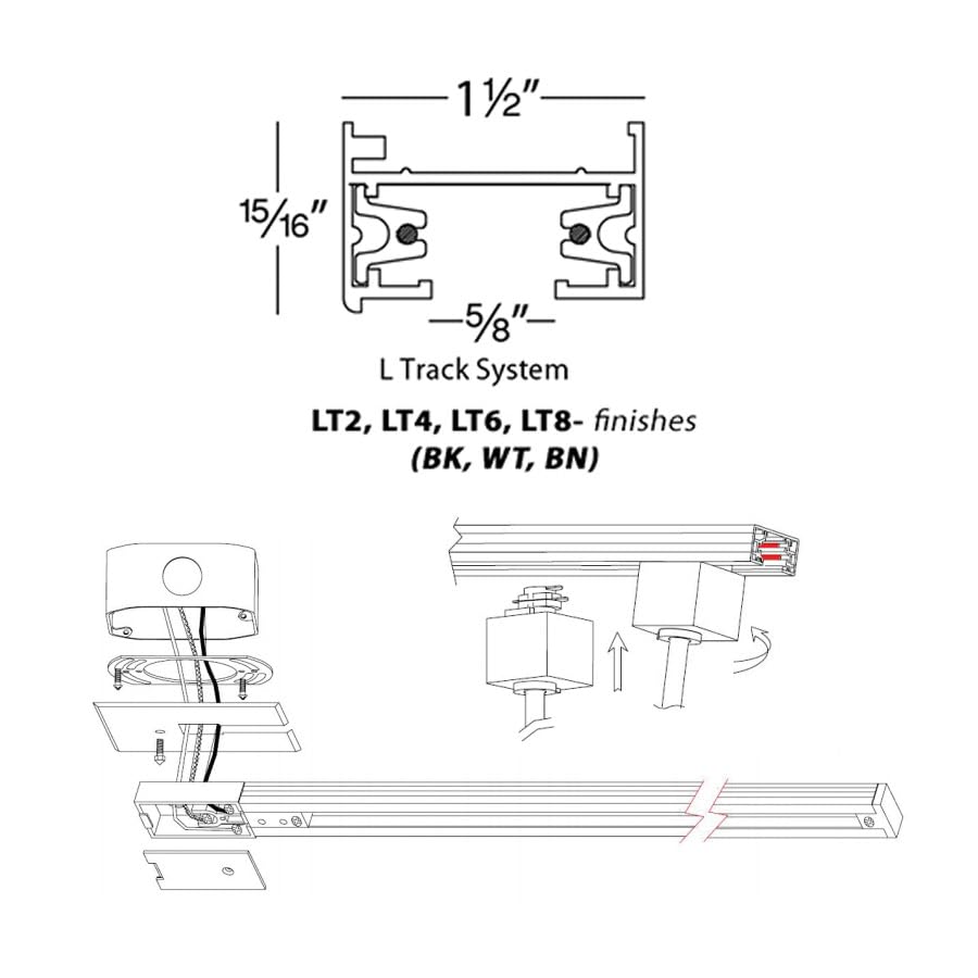 Wac Lighting L Track 6Ft Single Circuit Field Cuttable 120V Track For L Style 2-Wire Track Fixtures With 2 Endcaps In White