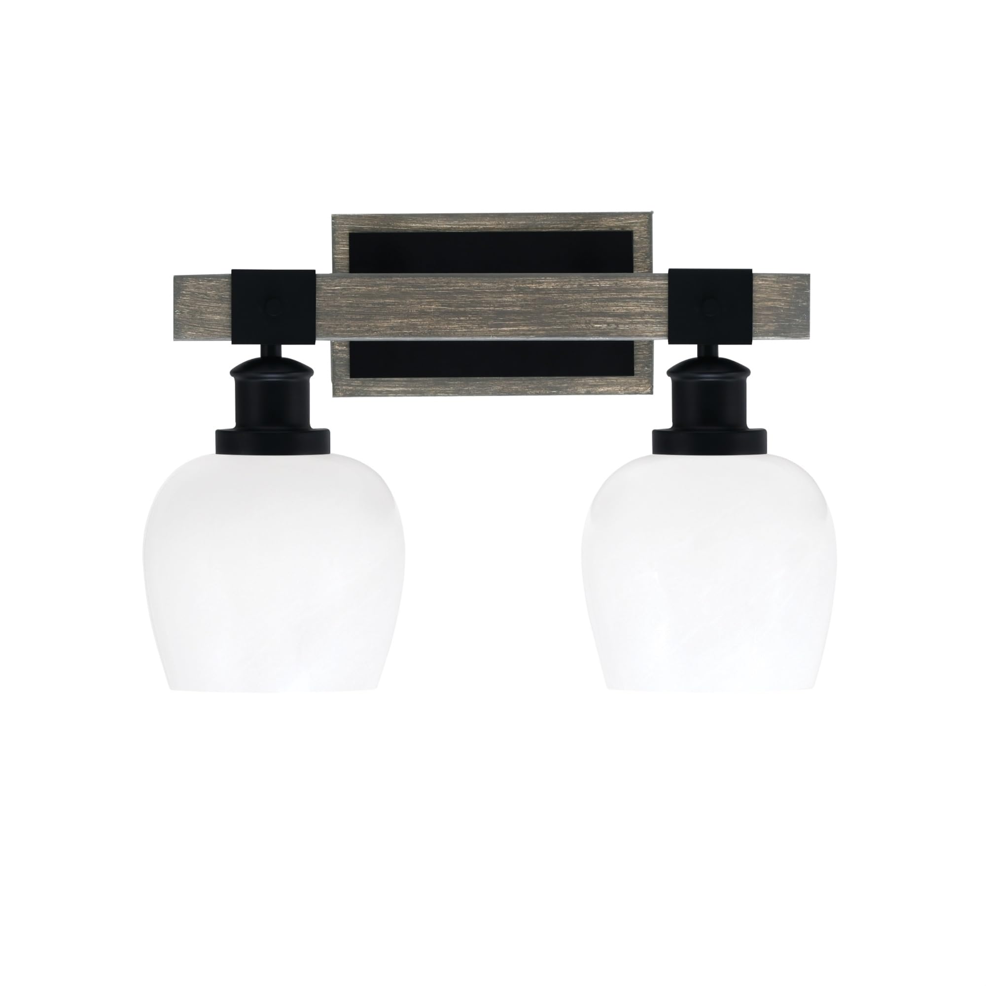Toltec Lighting Tacoma 2 Light Bath Bar - Matte Black & Distressed Wood-Look Metal, White Marble Glass