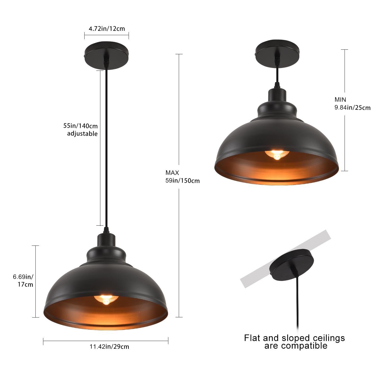 Pendant Lighting Vintage Industrial Fixtures, Farmhouse Pendant Lamp, Hanging Light Fixtures With Metal Shade (Black Inside), In