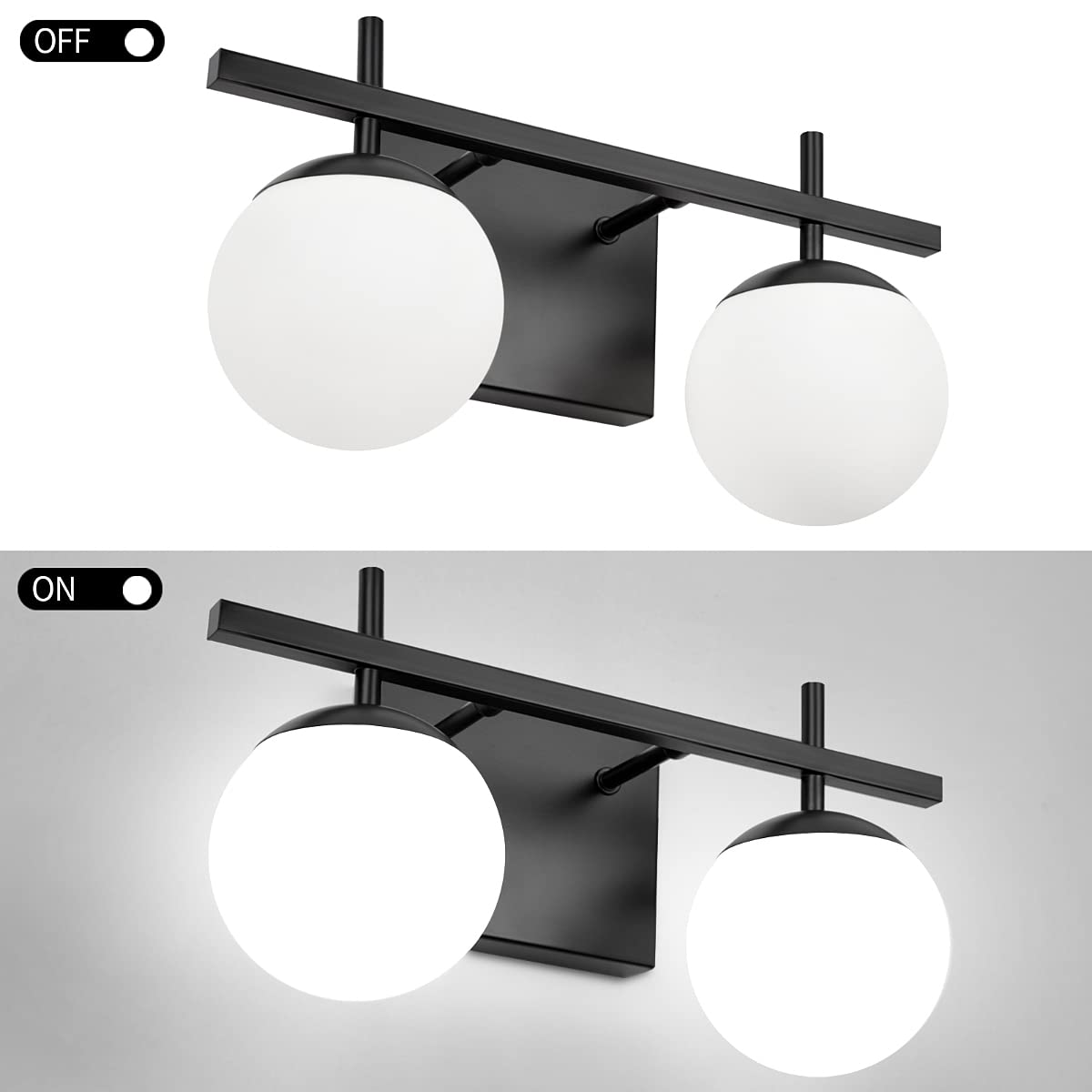 Zsmihdoh 2-Light Black Bathroom Vanity Light, Mid Century Modern Globe Fixtures With Milky Glass