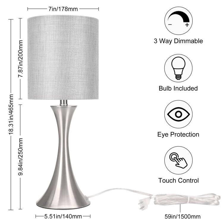 Seaside Village 3 Way Touch Control Table Lamp, Dimmable, Silver Base, Gray Shade, Modern Design for Bedroom, Living Room, Office, Model 13047