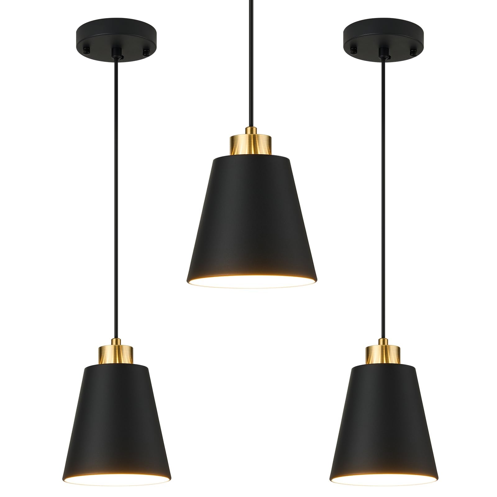 Lamknvs 3-Pack Matte Black Pendant Lights Metal Cone Kitchen Island Pendant Lighting With Gold Modern Hollow Shade Hanging Light Fixture For Dining Room Bar Hallway 63 Adjustable Cord