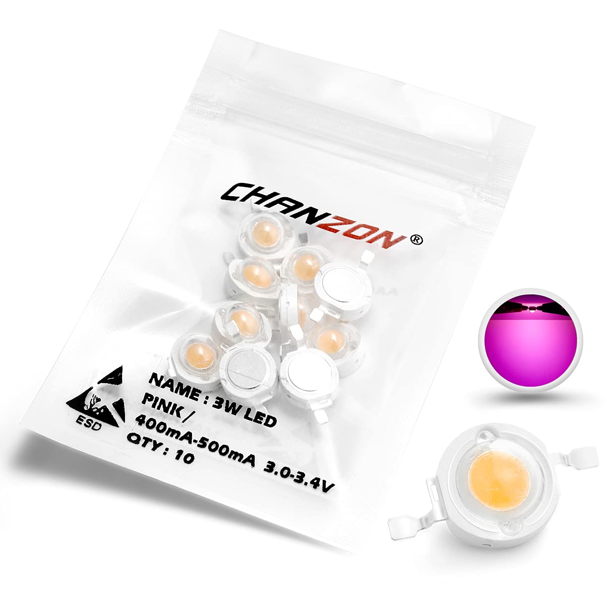 Chanzon 10 Pcs High Power Led Chip On Board 3W Pink (400Ma - 500Ma / Dc 3V - 3.4V / 3 Watt) Super Bright Intensity Smd Cob Light