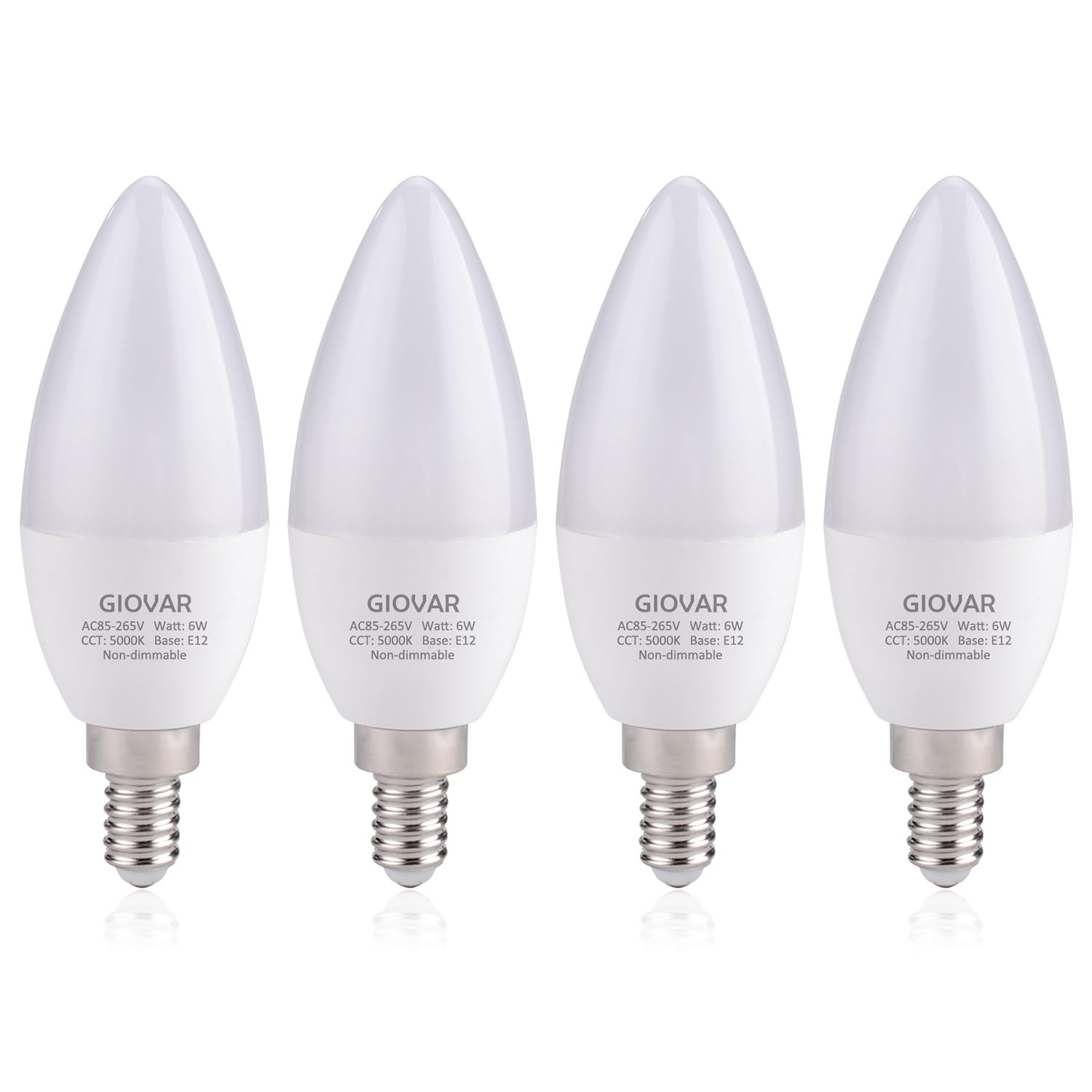 Giovar 4Pack Led Celing Fan Light Bulbs 60 Watt, Daylight 5000K, E12 Candelabra Bulb Base Socket, 120V, Type B, Non-Dimmable