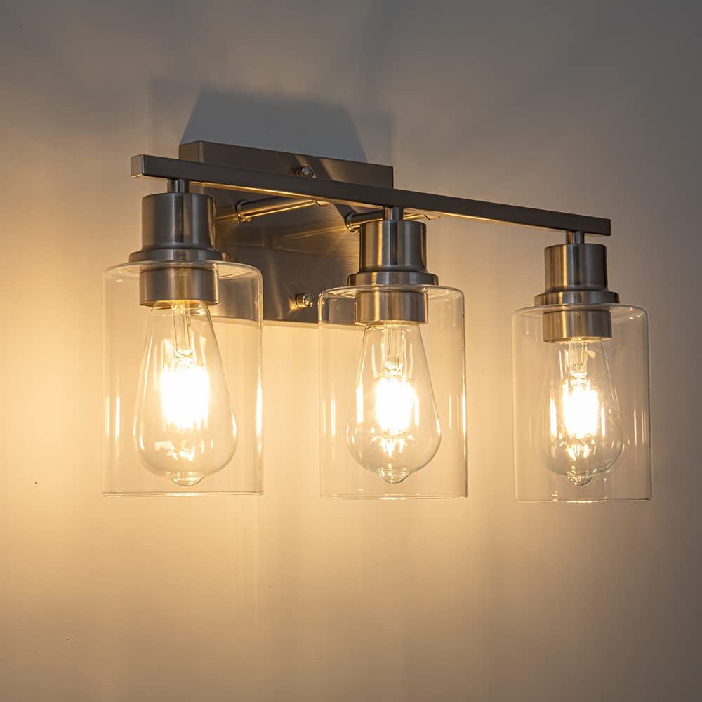 EMONG 3-Light Brushed Nickel Bathroom Vanity Light Fixture with Clear Glass Shades, AM-70050-3-SN, Ideal for Hallway, Living Room, Kitchen