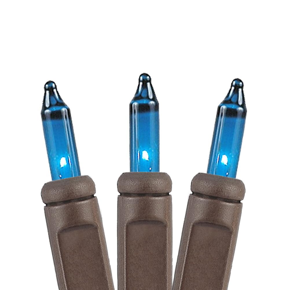 Novelty Lights 50 Feet 100 Bulbs Traditional Incandescent Mini Lights, Teal On Brown Wire With 6 Spacing, Commercial Grade And U