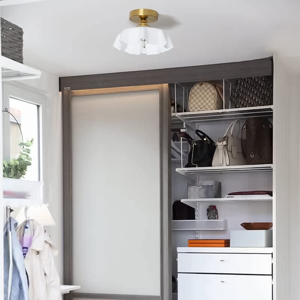 White Semi Flush Mount Ceiling Light, Brass Flush Mount Ceiling Light Vintage Flower Glass Light Fixtures, Farmhouse Overhead Li