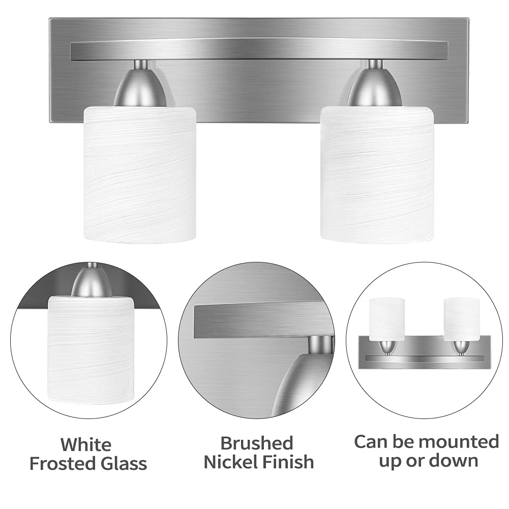 Partphoner 2-Light Bathroom Vanity Light Fixture Set, Brushed Nickel With Glass, 5 Pieces