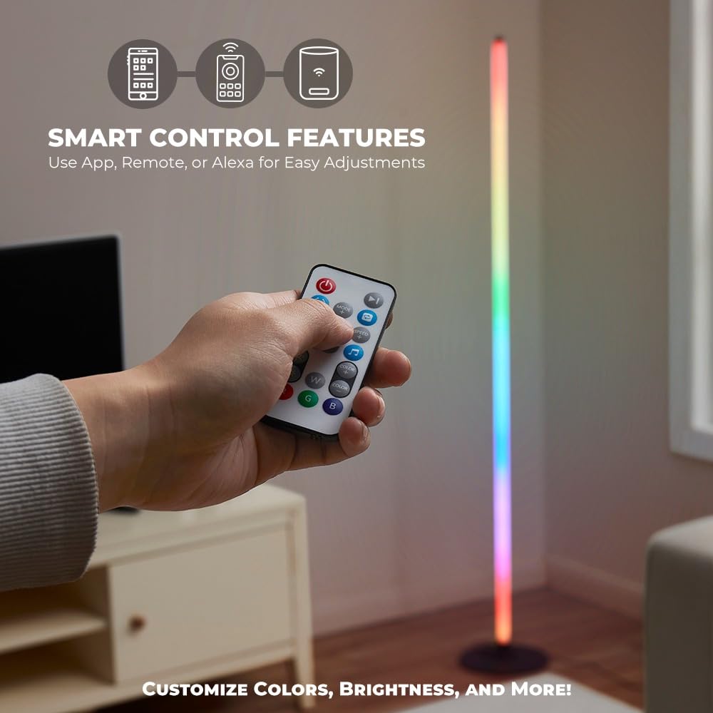 MYZI LED Floor Lamp, RGB Smart Corner Lamp, Dimmable with Remote & App Control, Black, Model MZ-LED-FBA