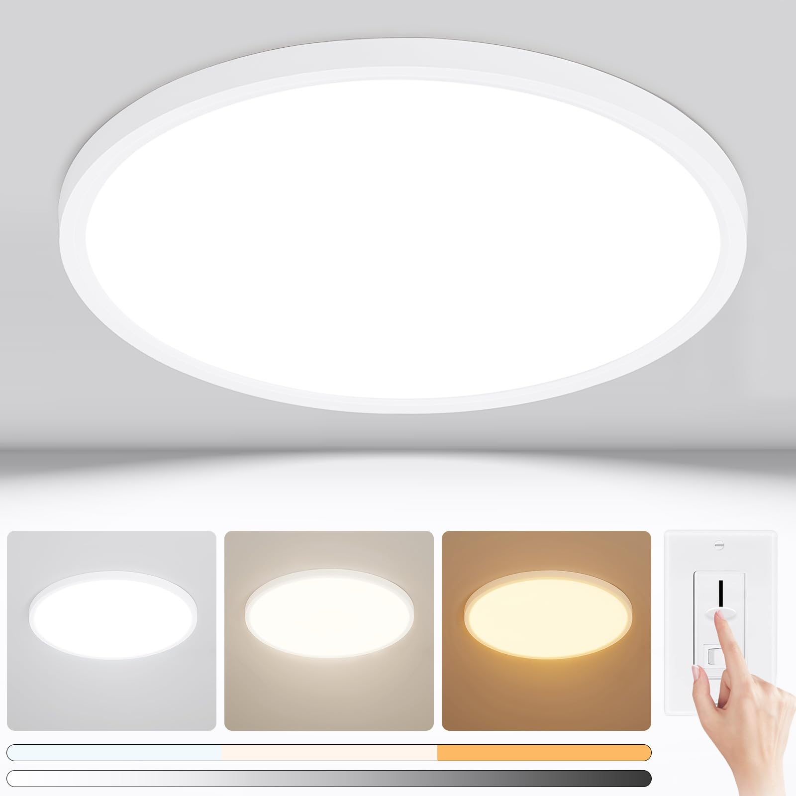 Modern 12'' Led Ceiling Light Fixture, 0.67 Inch Ultra Thin Flush Mount, Brightness Dimmable & 3000K/4500K/6000K Selectable, 22W