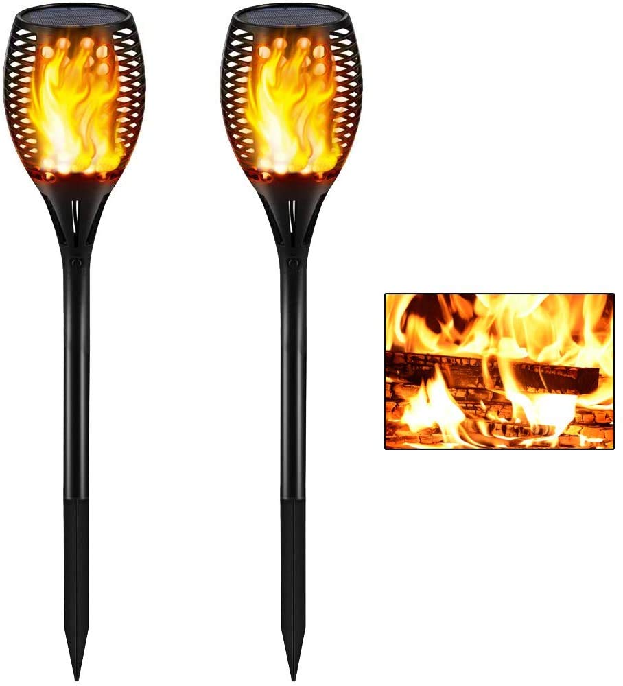 Gold Armour Solar Path Lights - 96 LED Flickering Flames Torch - Pack of 2 - Black - Waterproof Outdoor Garden Lighting