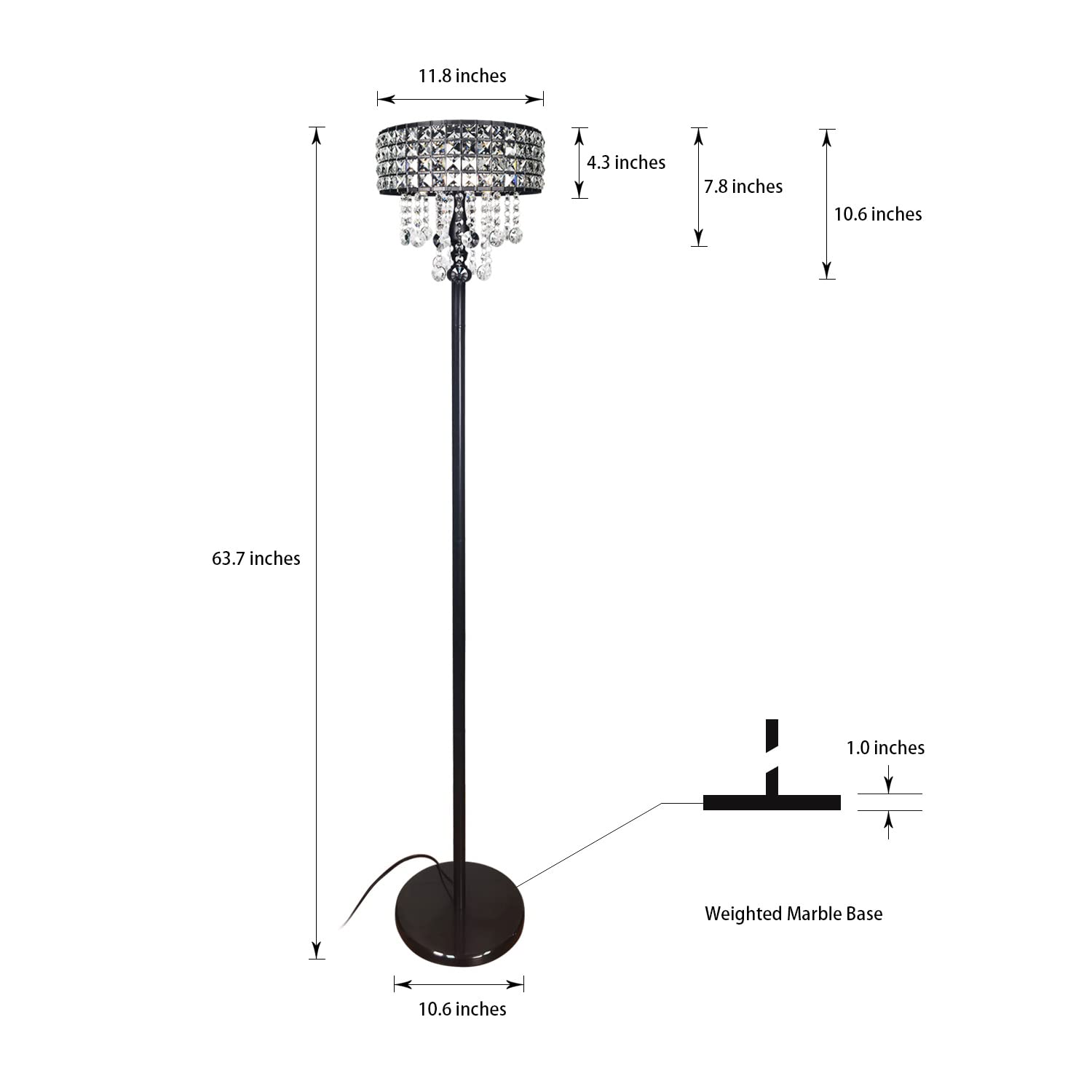 beaysyty Modern K9 Glass Crystals Floor Lamp, 3-Lights Black Reading Light for Living Room & Bedroom