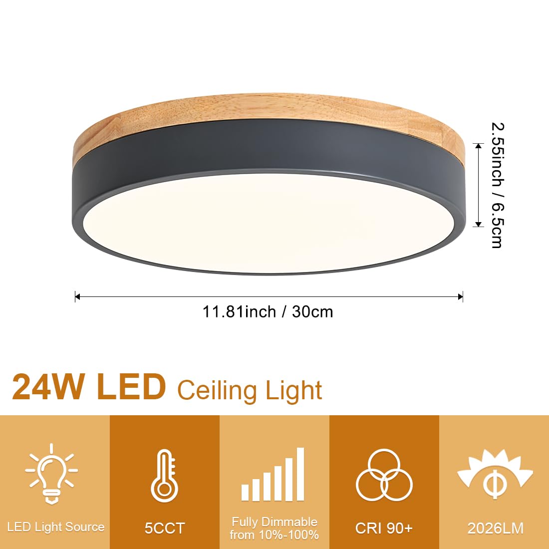 Goomavi Dimmable Wood Led Close To Ceiling Light, Modern 2700K-6000K 5Cct Round Grey Flush Mount Ceiling Light Fixtures, Minimalist Ceiling Lamp For Bedroom, Kitchen, Hallway, Laundry Room-11.8In