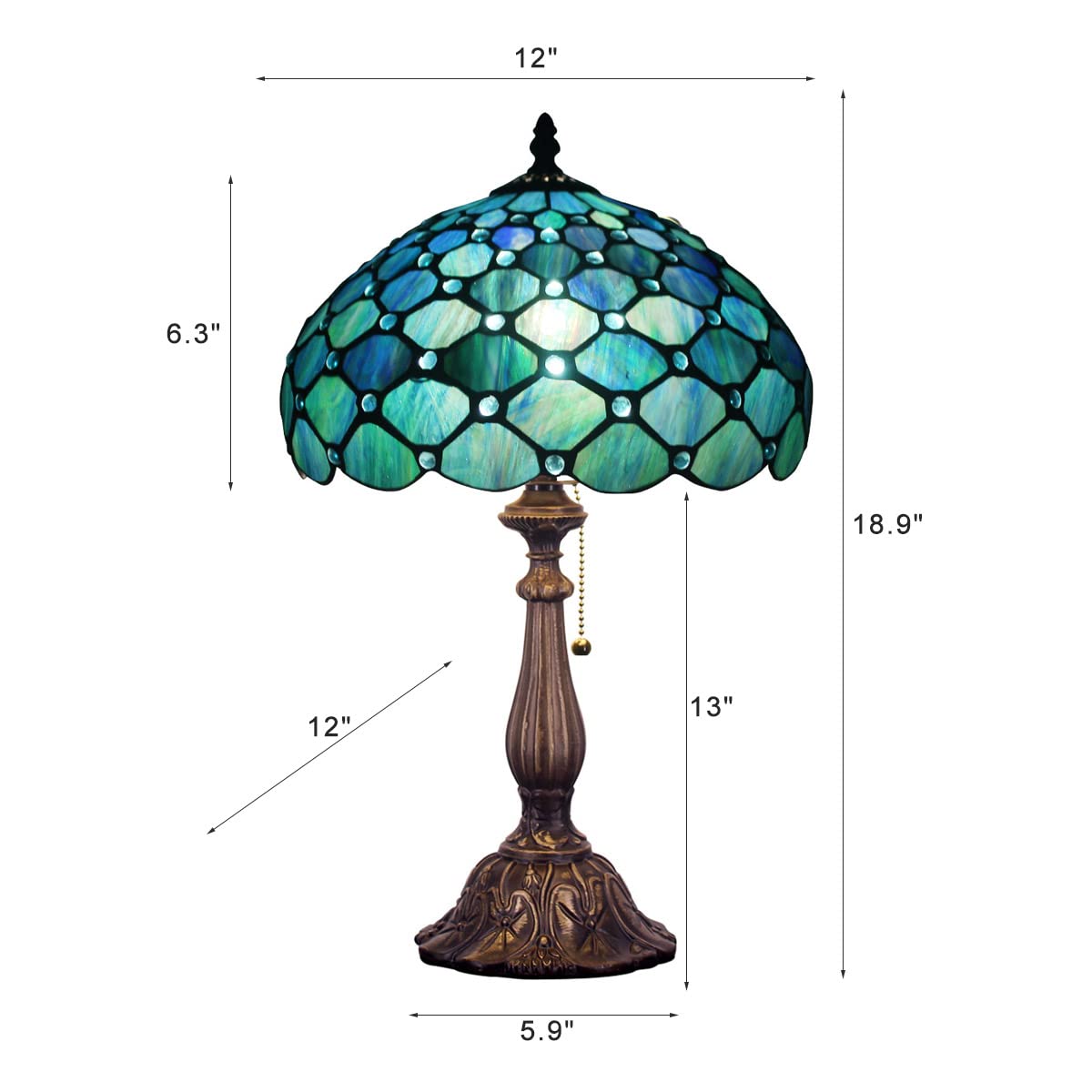 ZJART Tiffany Table Lamp - Antique Stained Glass Reading Light, 12x12x19 Inch, Sea Blue Pear