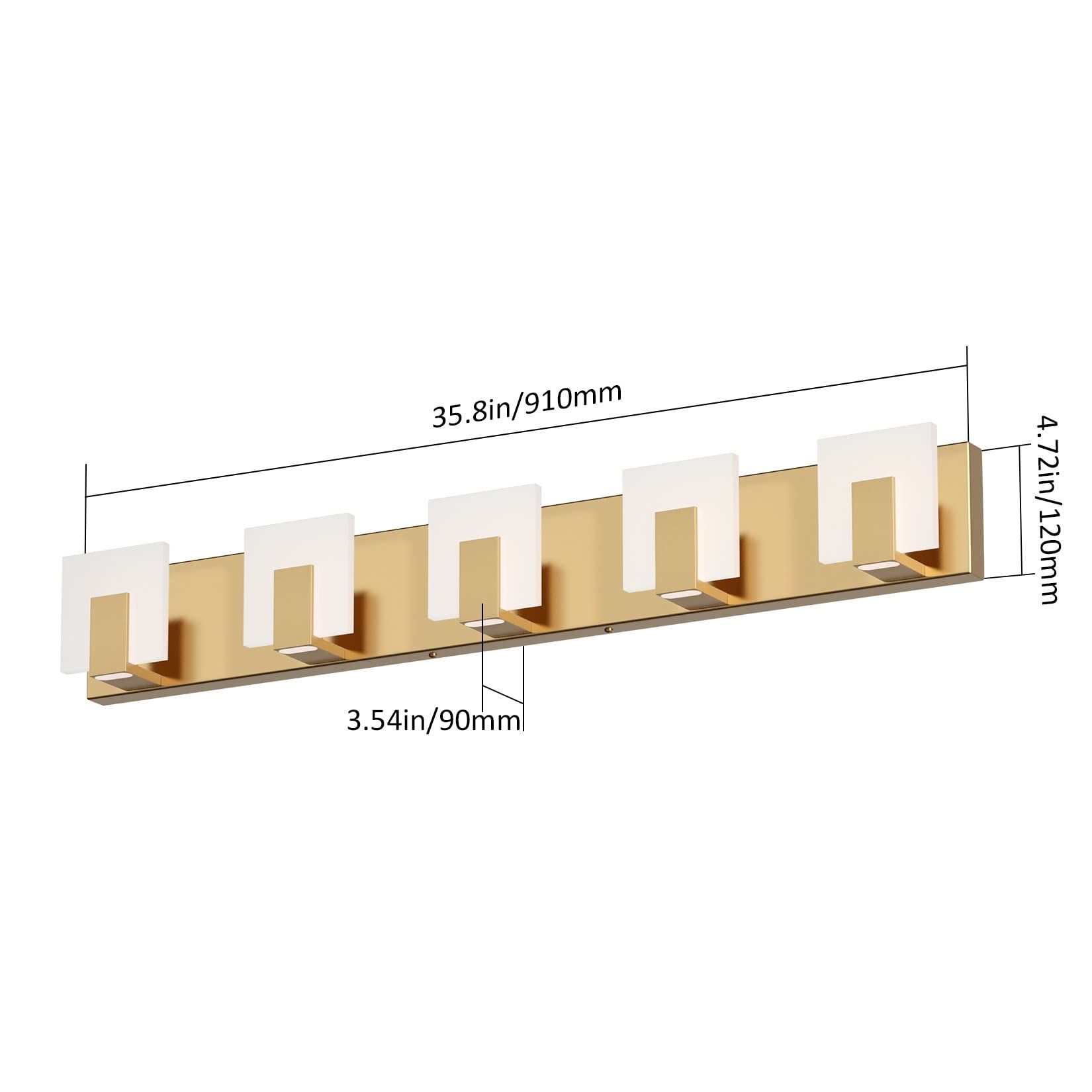 Aipsun Gold LED Bathroom Vanity Light Fixture, 5 Lights, Aluminum, Model GW-1105-5T-Gold, Modern Up and Down Wall Lighting