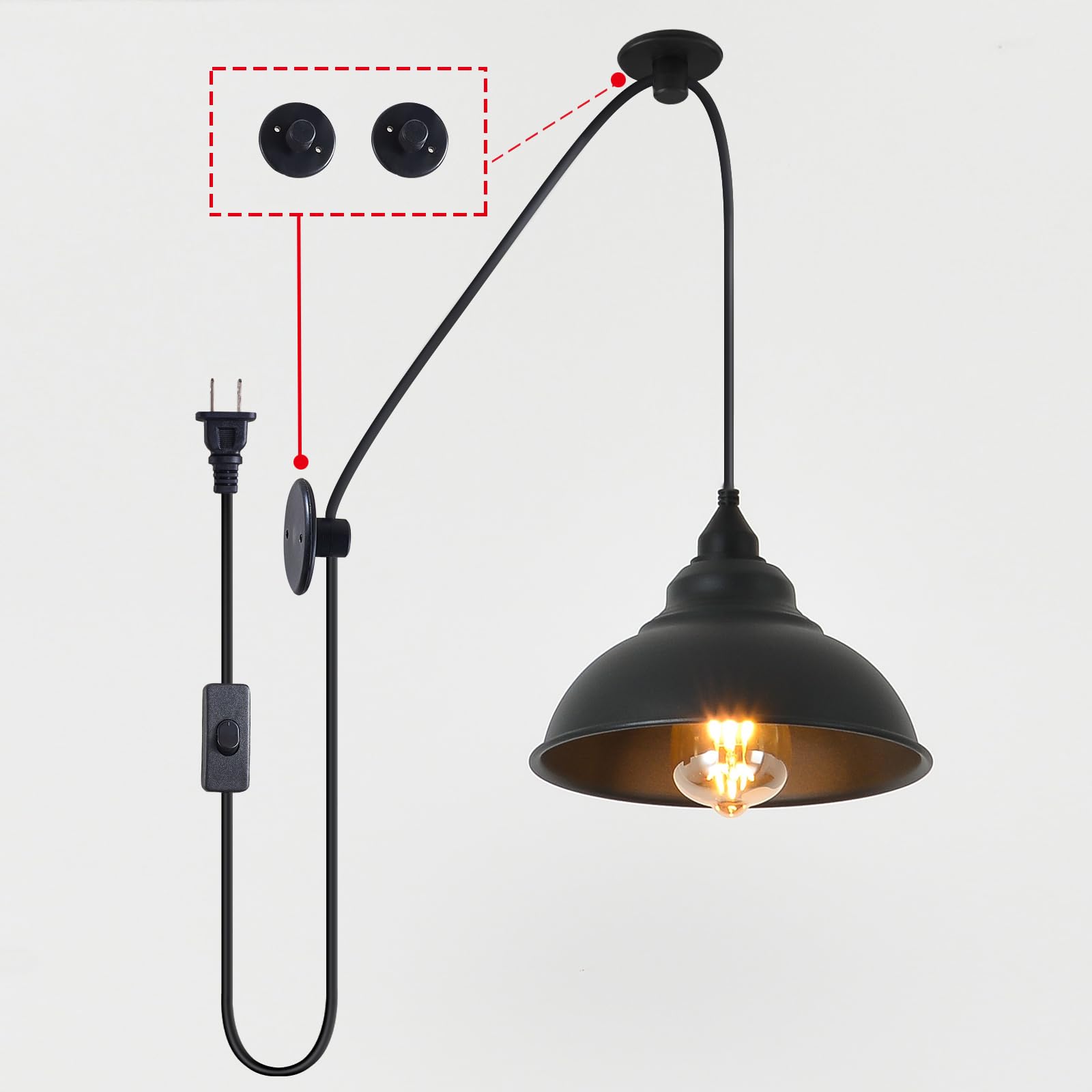 KOLAKODLUX Plug in Pendant Light Fixtures Hanging Lamp Shades Hanging Light with Plug in Cord Black Pendant Light Corner Hanging