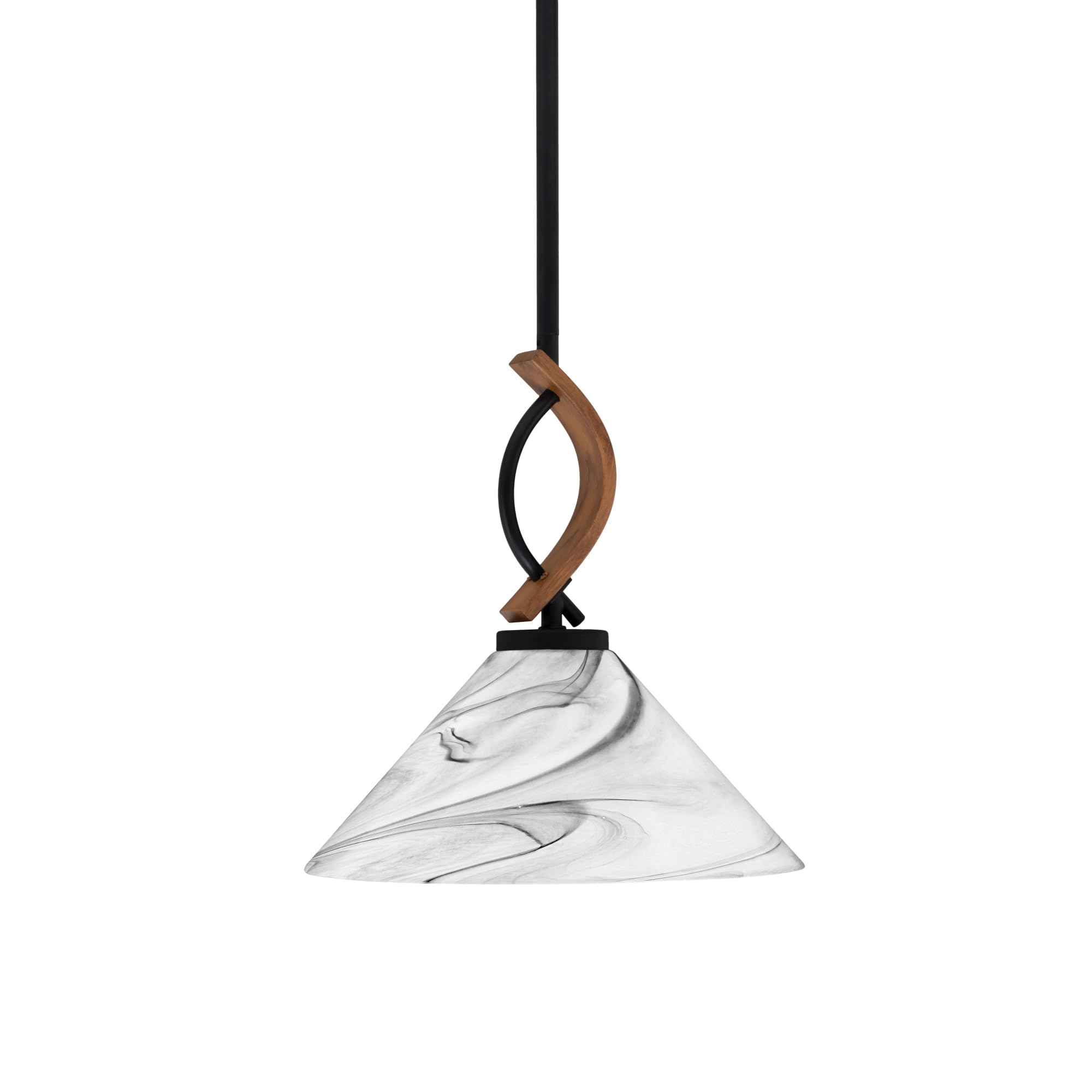 Toltec Lighting Monterey Stem Hung Mini Pendant, 12in Onyx Swirl Glass, Matte Black & Wood-Look Finish