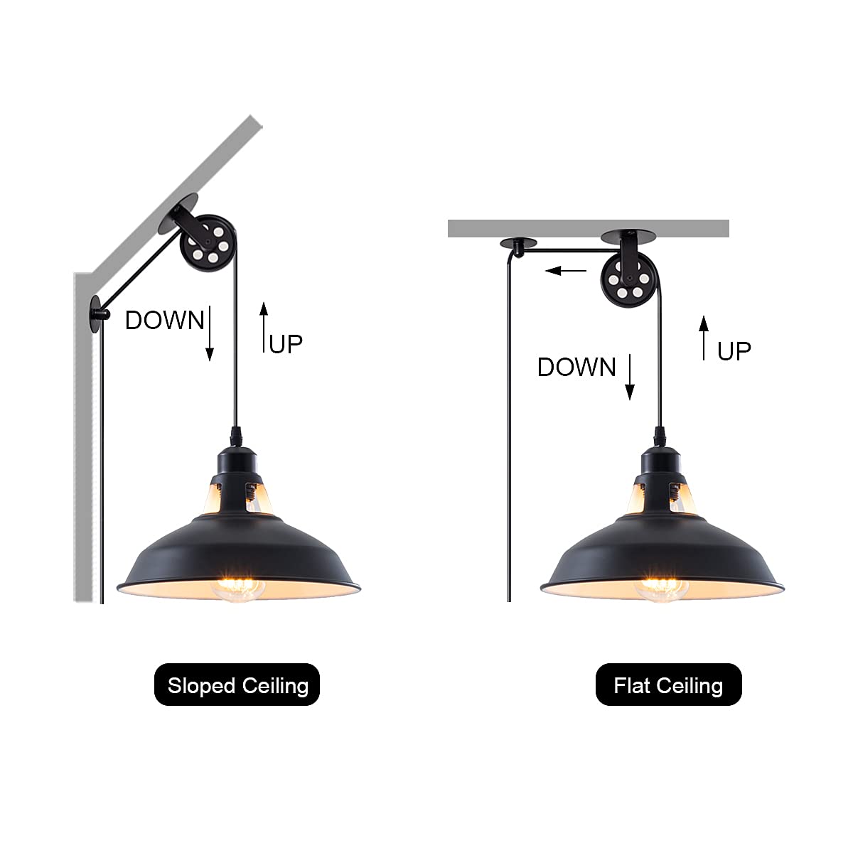 Lovefindahome Industrial Pulley Pendant Light, E26 Vintage Hanging Lamp, 16.4ft Cord, On/Off Switch, 2 Pack, Black