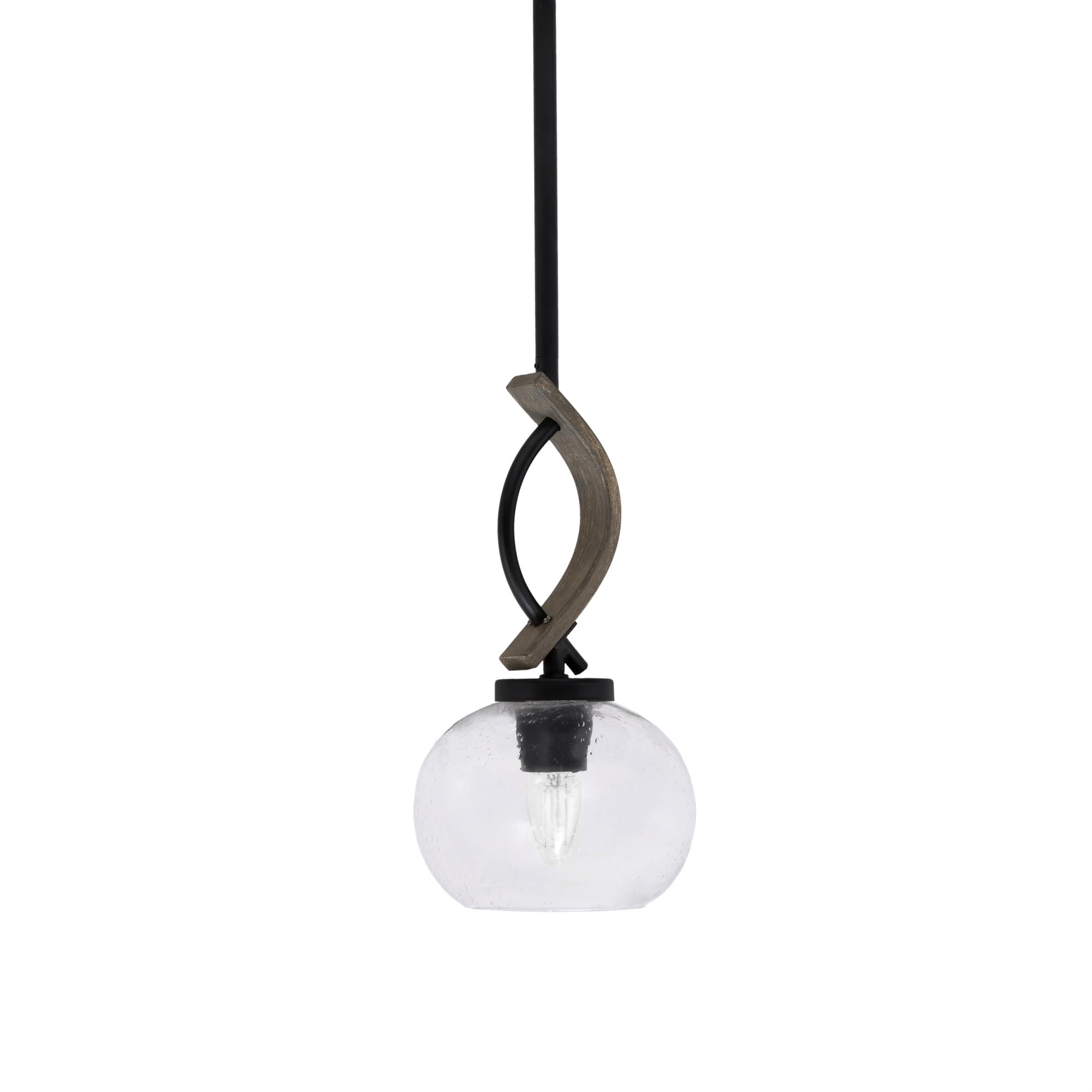 Toltec Lighting Monterey Mini Pendant Light, Matte Black with Distressed Wood-Look Finish, 7in Clear Bubble Glass