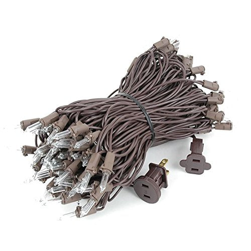 Novelty Lights 50 Feet 100 Bulbs Traditional Incandescent Mini Lights, Clear On Brown Wire With 6 Spacing, Commercial Grade And