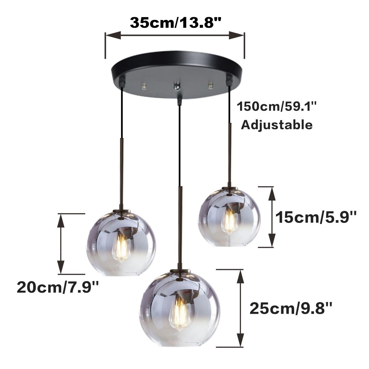 KCO Modern 3-Light Pendant Light Fixture, Silver Gradient Glass, Metal, 15*20*25cm, Model L1111