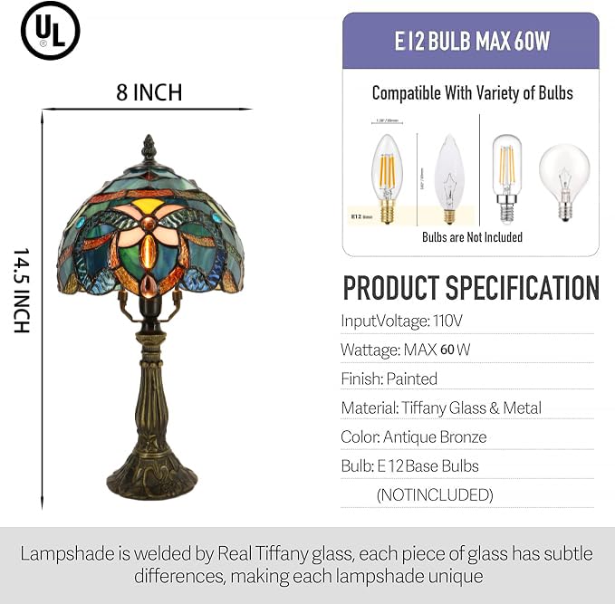 Lxhcyou Small Tiffany Lamp Mini Accent Table Lamp Stained Glass Desk Memory Lamp Sympathy 8X14.5 Inch (Blue Baroque Style)