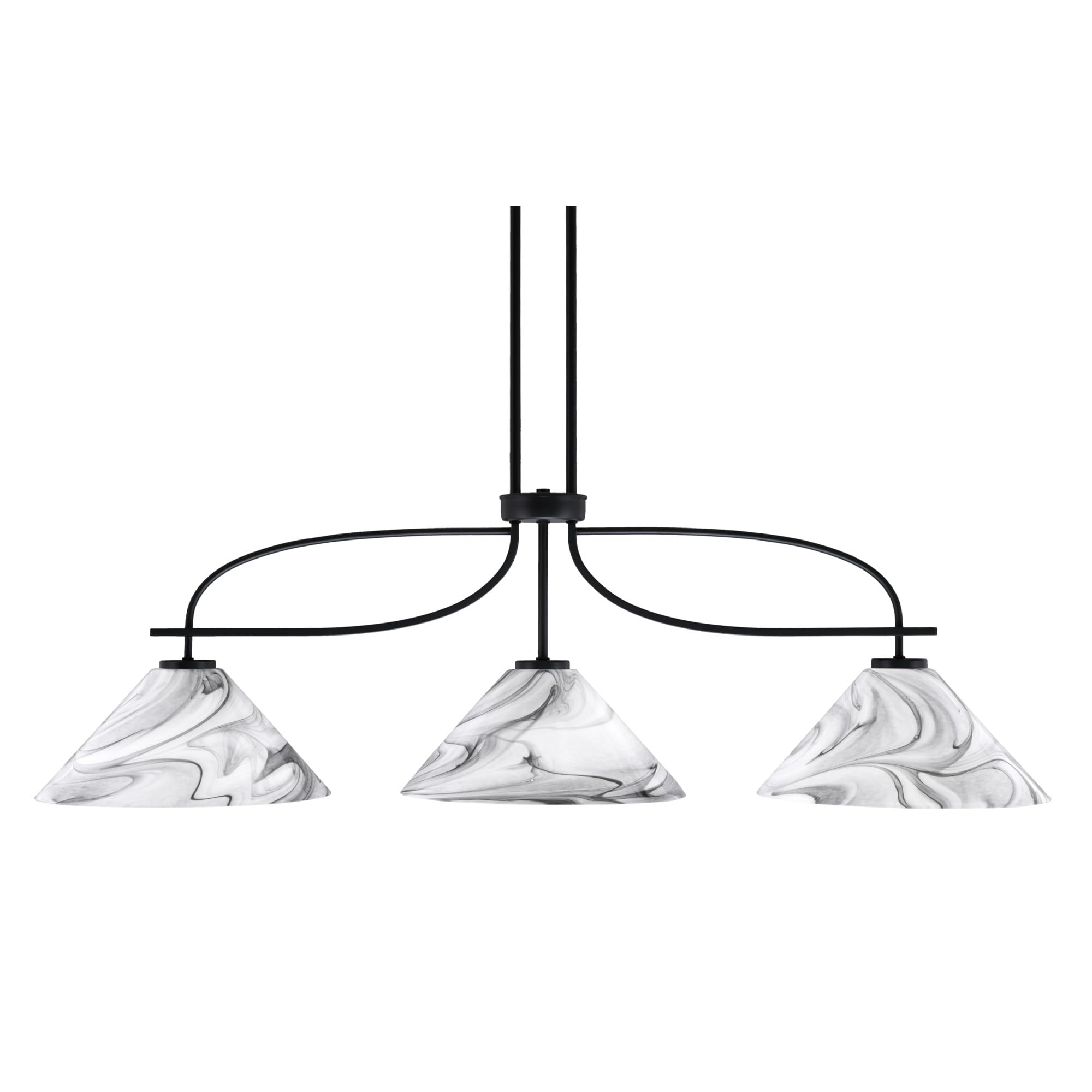Cavella 3 Light Island Light Shown in Matte Black Finish with 12&quot; Onyx Swirl Glass