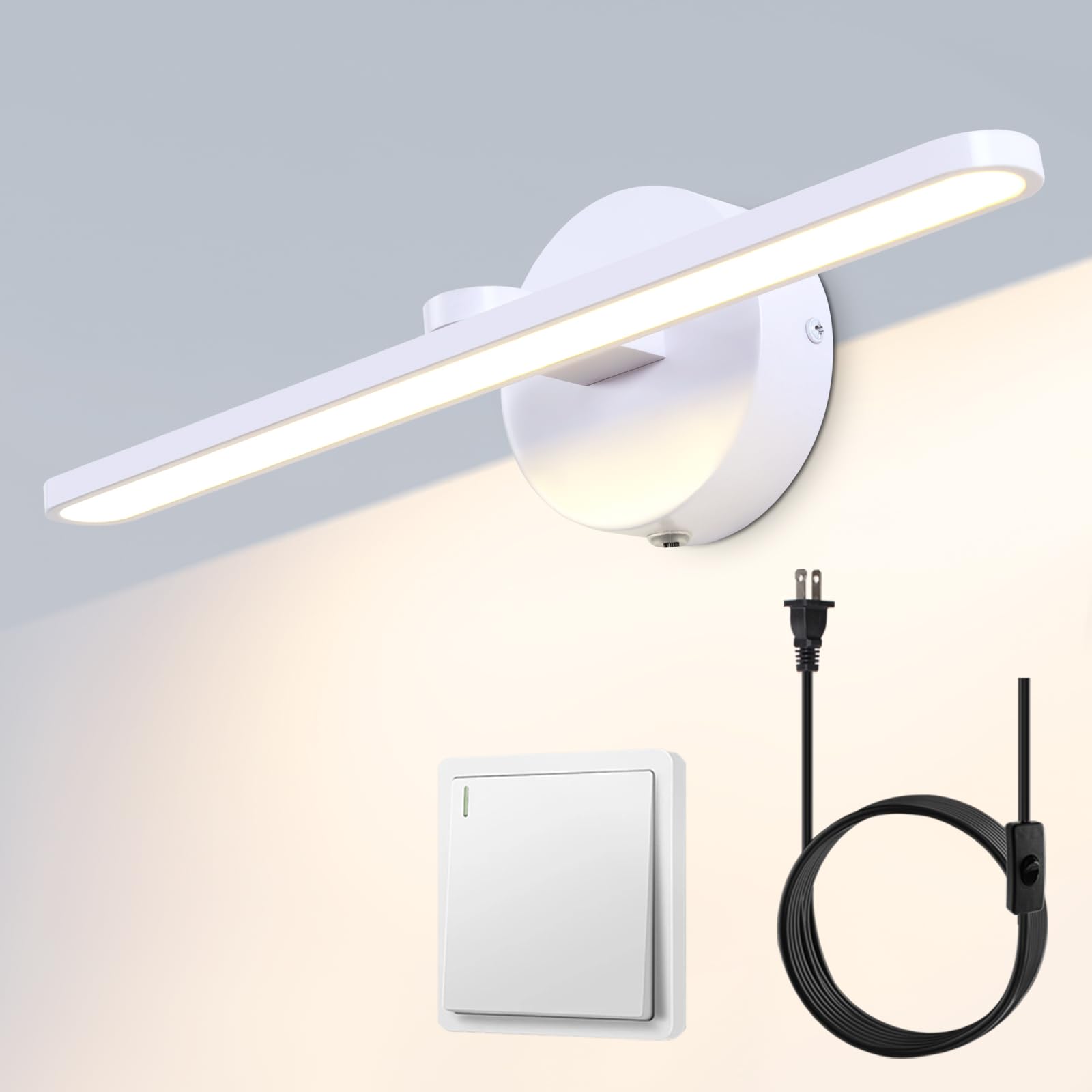 Mantolite Plug In Vanity Lighting Fixtures, White 16Inch Led Wall Lights Fixtures, Bathroom Over Mirror Lamp Modern Home Bedside Lamp Picture Sconces, 12W 3000K White Make-Up Mirror Front Lamp