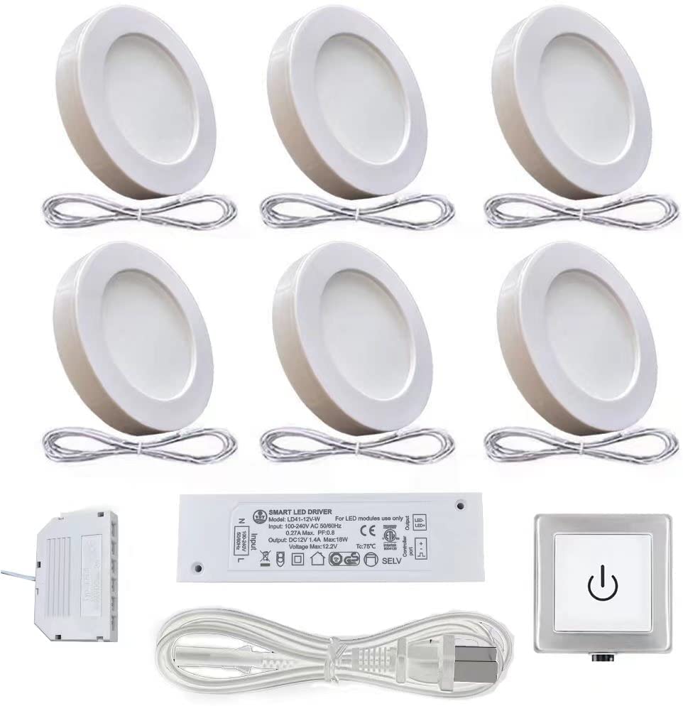 VST Under Cabinet Lights Plug in with Wired Touch Dimmer Switch,Recessed or Surface Mount,Natural White 3000K 12V 2W(12W Total, 60W Equivalent),6 Pack White Puck Lights Fixtures