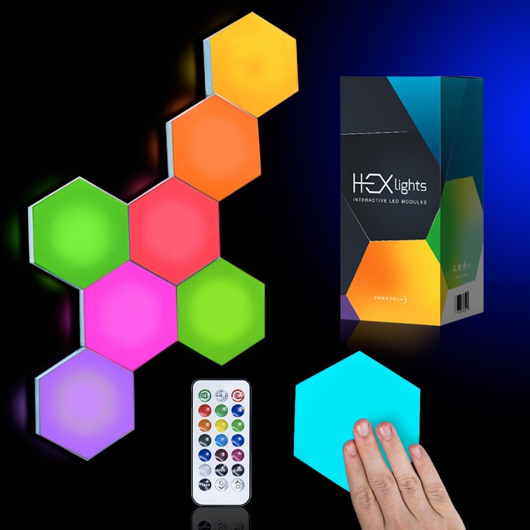 Emberela HEXlights 7-Pack RGB Hexagon LED Wall Panels - Touch & Remote Control, Plastic, Game Room Decor, Model ESEMHL-7