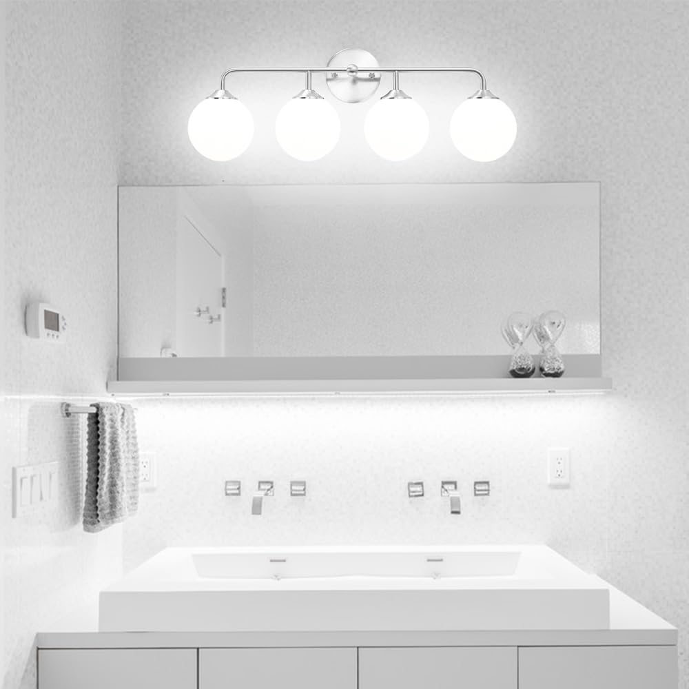 Modern 4-Lights Brushed Nickel Vanity Lights Over Mirror  Bathroom Lighting Fixtures With Milk White Globe Glass Shade  Industrial Bathroom Wall Sconce For Dressing Table Bedroom Living Room