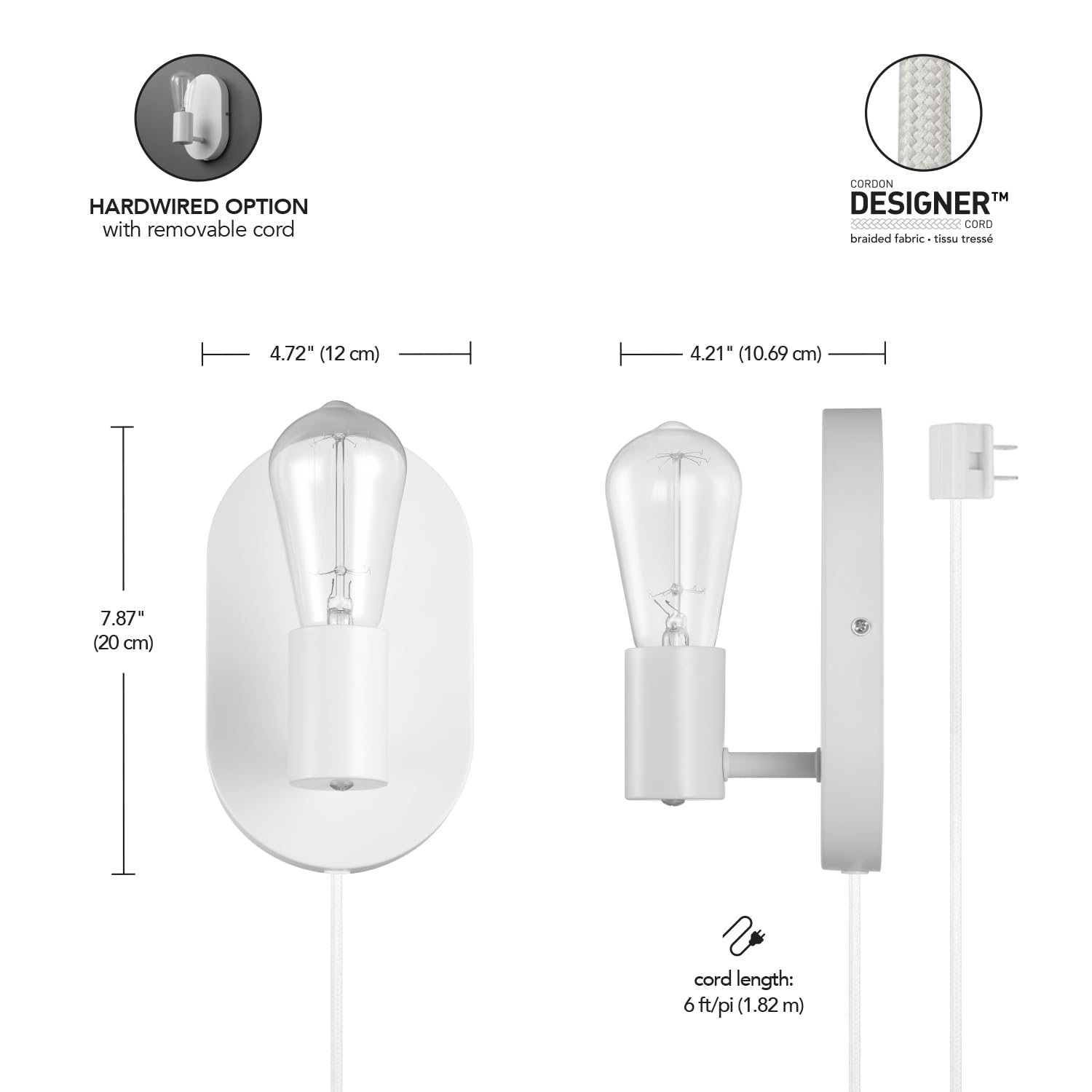 Globe Electric 65000134 1-Light Plug-In Or Hardwire Wall Sconce, Matte White, 6Ft White Fabric Covered Cord, Inline On/Off Rocke