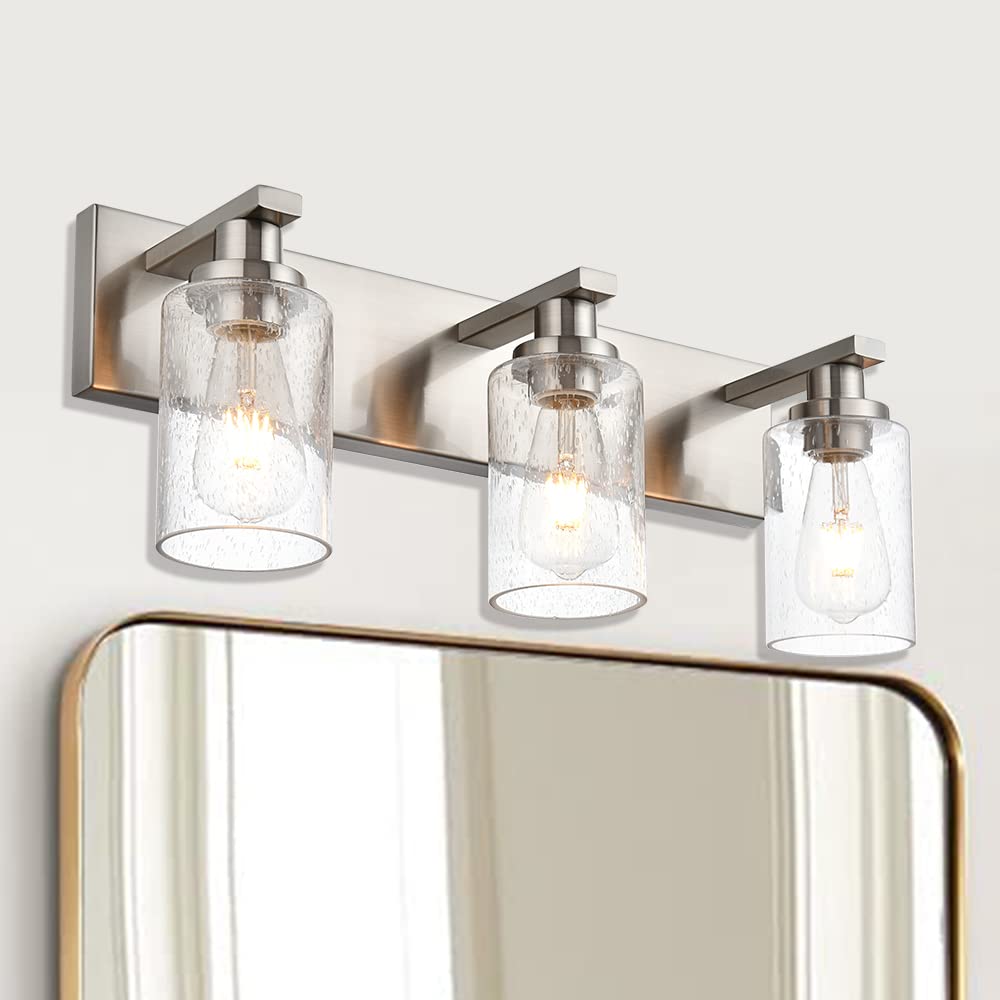 WINSHEN Bathroom Vanity Light, 3-Lights Metal Wall Fixture, Brushed Nickel, 23.6-Inches, Model SG-501-3L-SN, Seeded Glass Shades