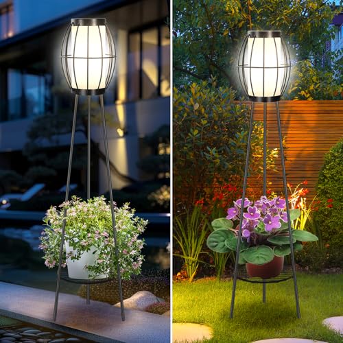 2 Pack Solar Lights Outdoor With Plant Stands, Solar Floor Lamps, Black Metal Tripod Deck Lights, Patio Decor For Garden Yard Pa