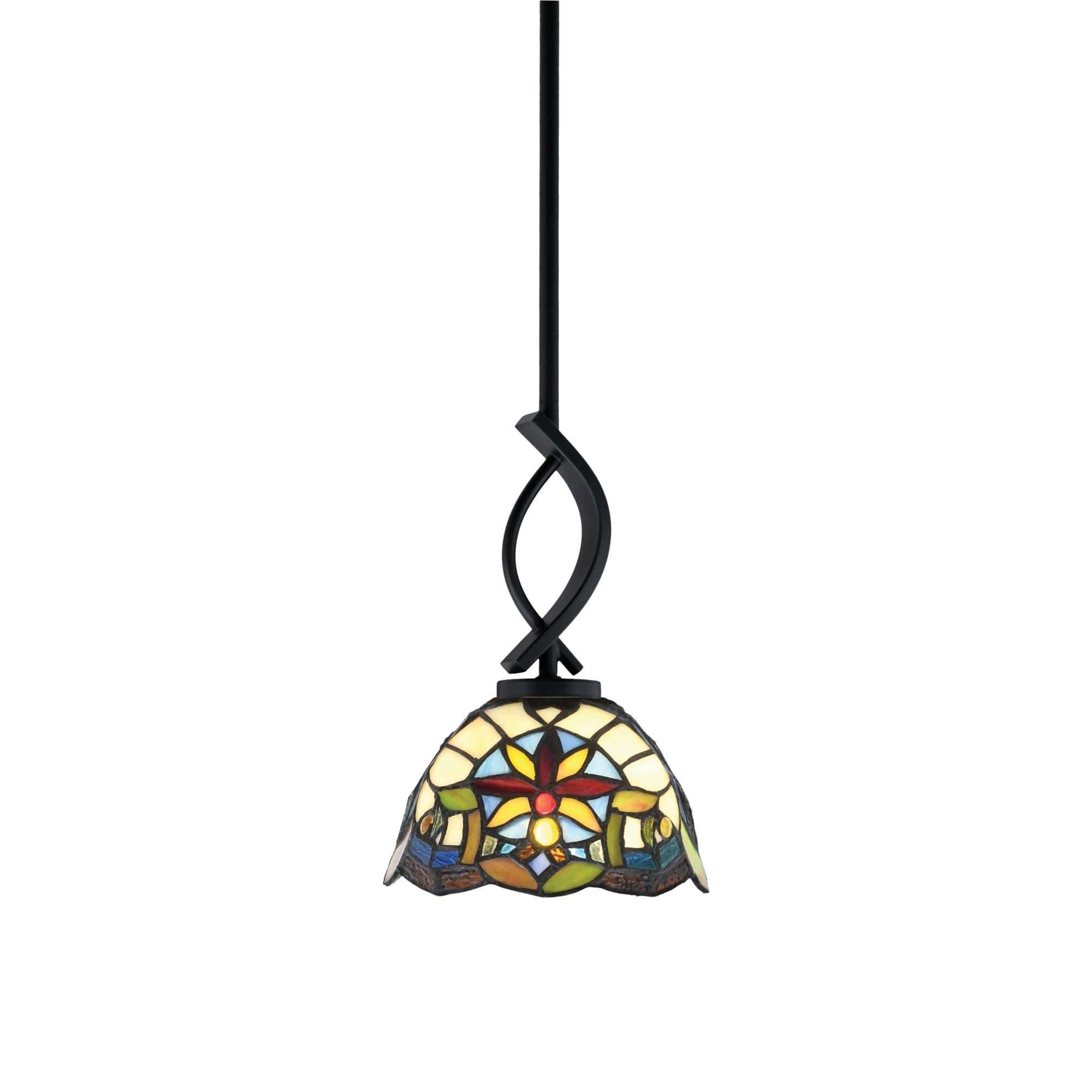 Cavella 1 Light Stem Mini Pendant Shown in Matte Black Finish with 7&quot; Earth Star Art Glass