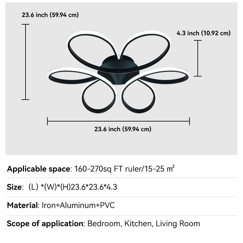 Mayful Modern Led Ceiling Light Fixture, 23.6 Inches Flush Mount Chandelier In Black Finish, Dimmable Led Flush Mount Light Fixt