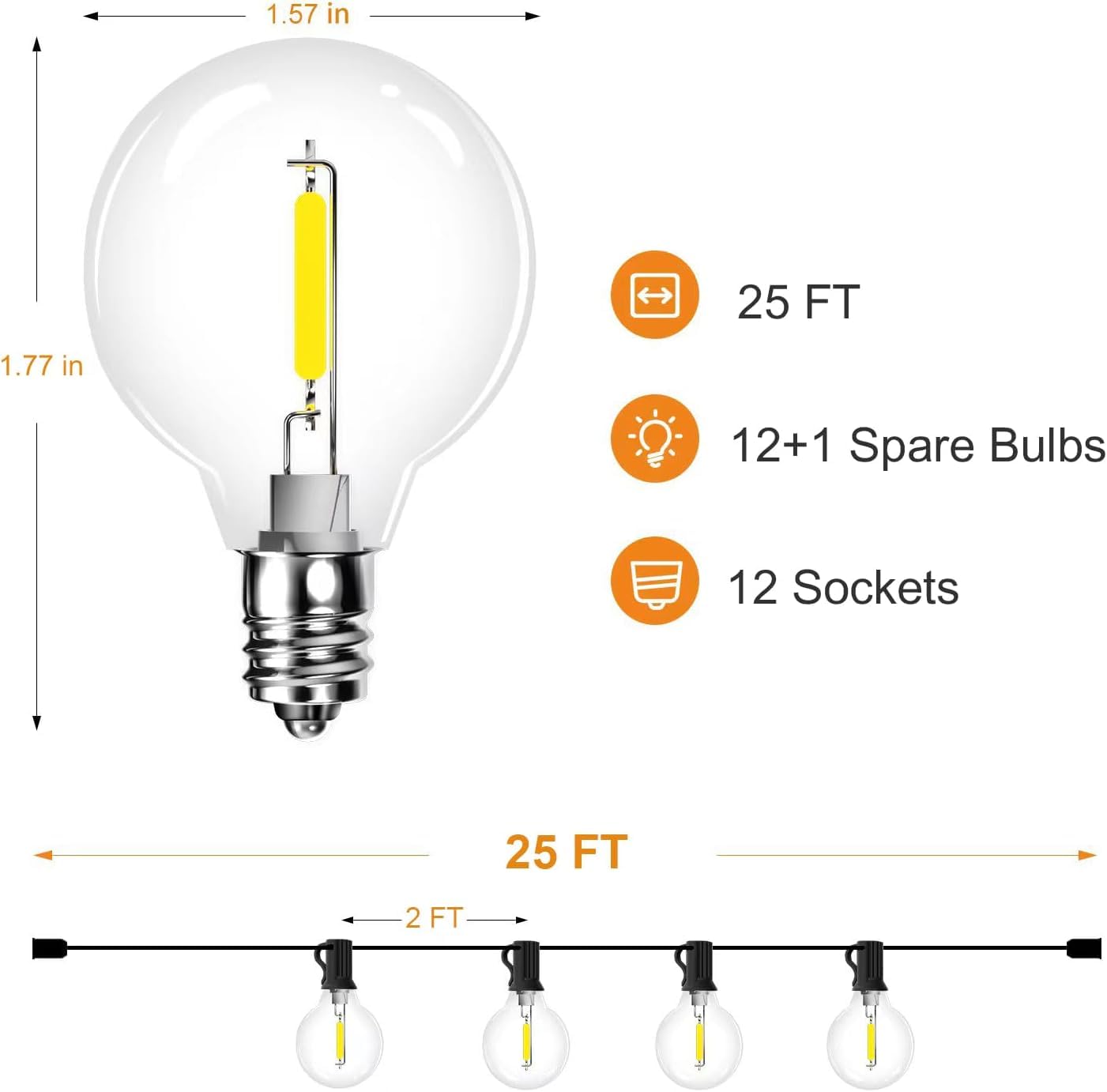 Rtty 25Ft Outdoor String Lights, G40 Led Shatterproof Globe Bulbs For Patio, Porch, Party