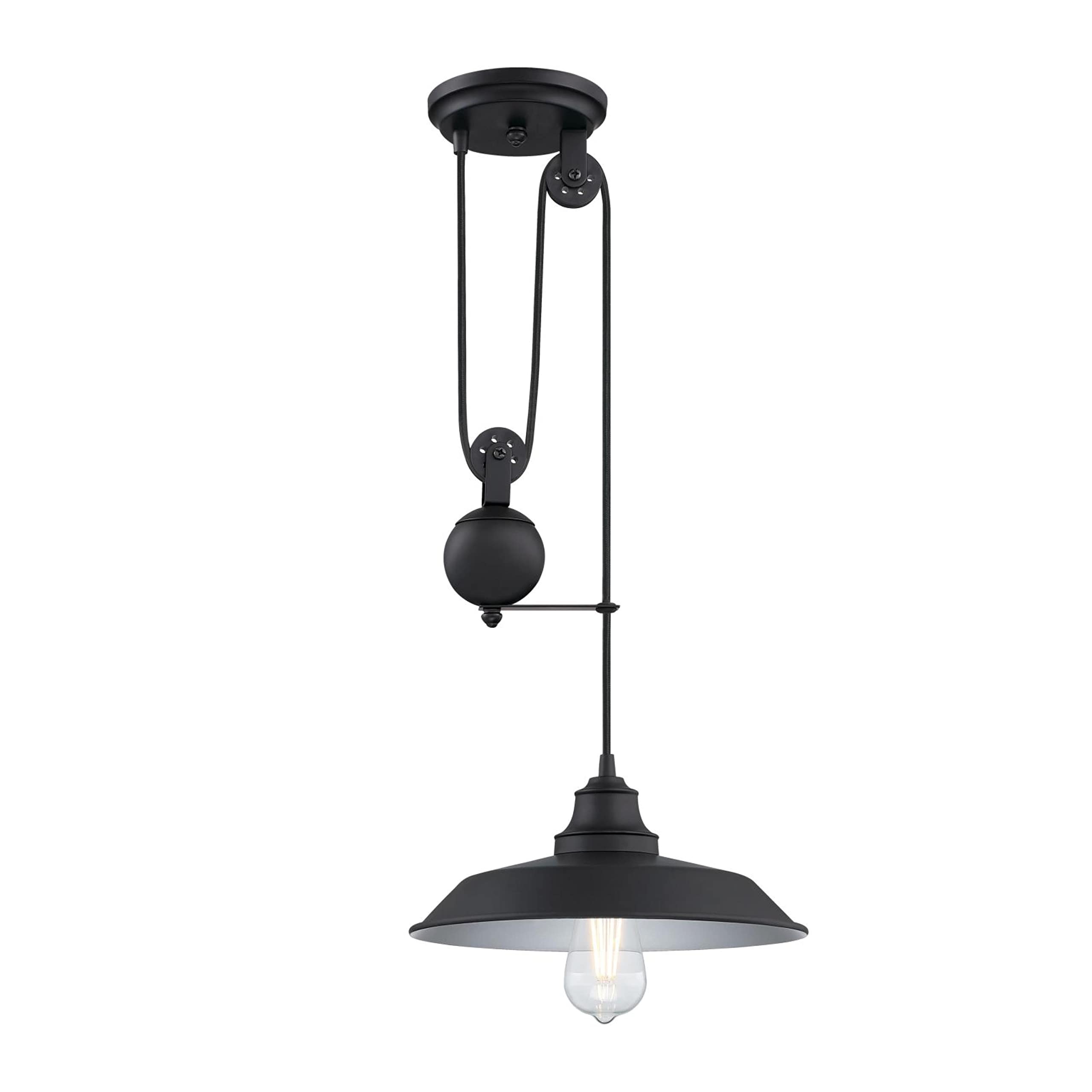Westinghouse 6129300 Iron Hill Vintage-Style One Light Indoor Pulley Pendant, Matte Black Finish